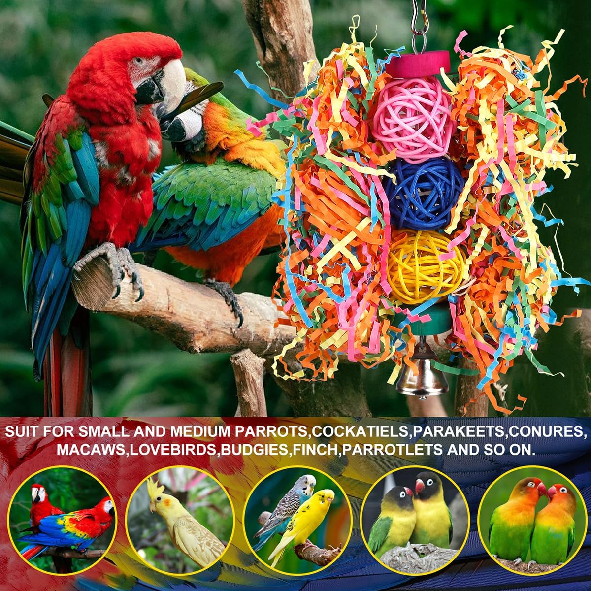 Bird Toys Rope Perch with Bell Colorful Bird Chewing Shredding Foraging Toys Parrot Swing Climbing Standing Hanging Toys Cage Accessories for Conure Cockatiel Budgies Lovebird - Image 4