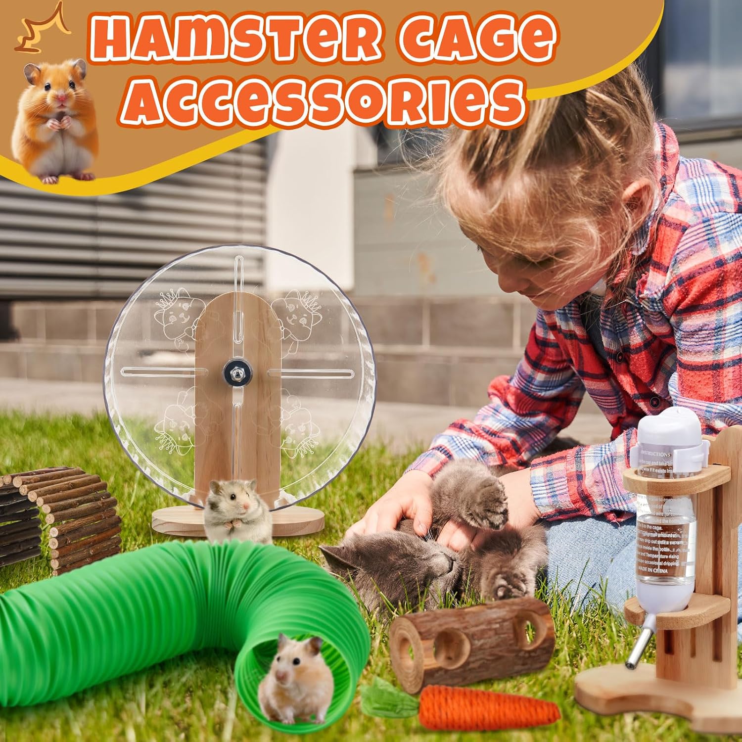 Hamster Cage Accessories & Habitat Set, Wooden 3 Room Maze House, Adjustable Silent Wheel, Water Bottle Set, Log Tunnel Tube & Chew Toys, 19 Pcs Complete Kit for Dwarf Hamster Gerbil Mouse - Image 7