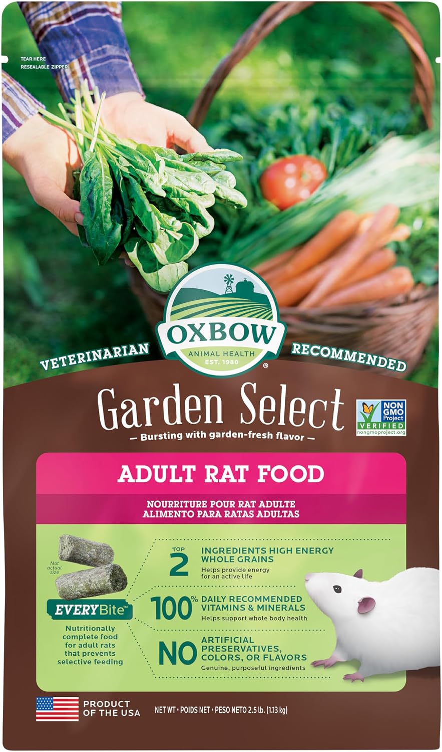 Oxbow Garden Select Adult Rat Food, Garden-Inspired Recipe for Adult Rats, Non-GMO, Vitamin & Mineral Rich Pet Food Pellets, Made in USA with Oxbow Hay, 2.5 Pound Bag