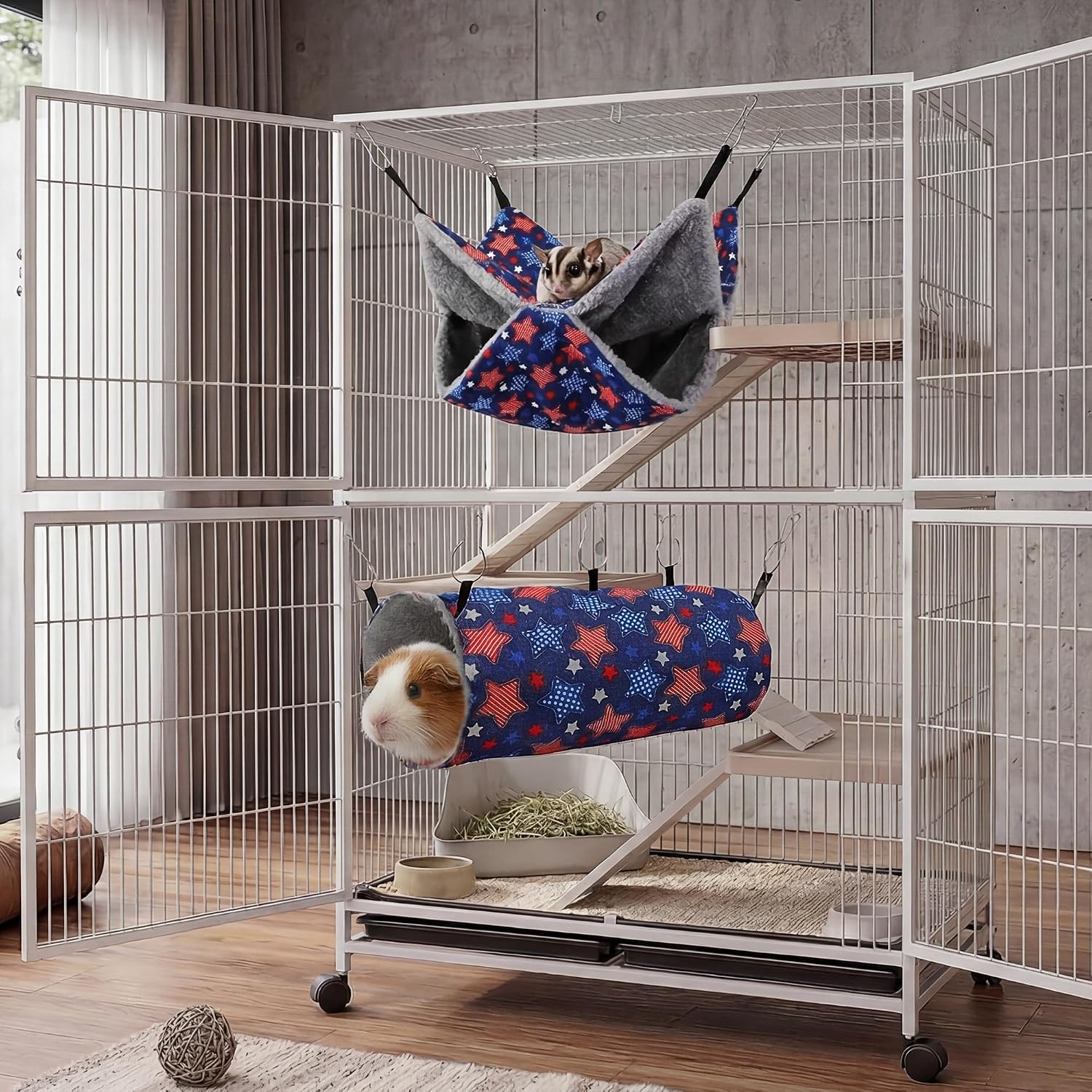 petonfun Ferret Rat Hammock Set Guinea Pig Hideout Bed,Soft Hamster Toys Hanging Tunnels and Tubes,Plush Small Animal Pet Chinchilla for Cage Accessories Hide,Play and Sleep,2 Pack,Blue Star - Image 7