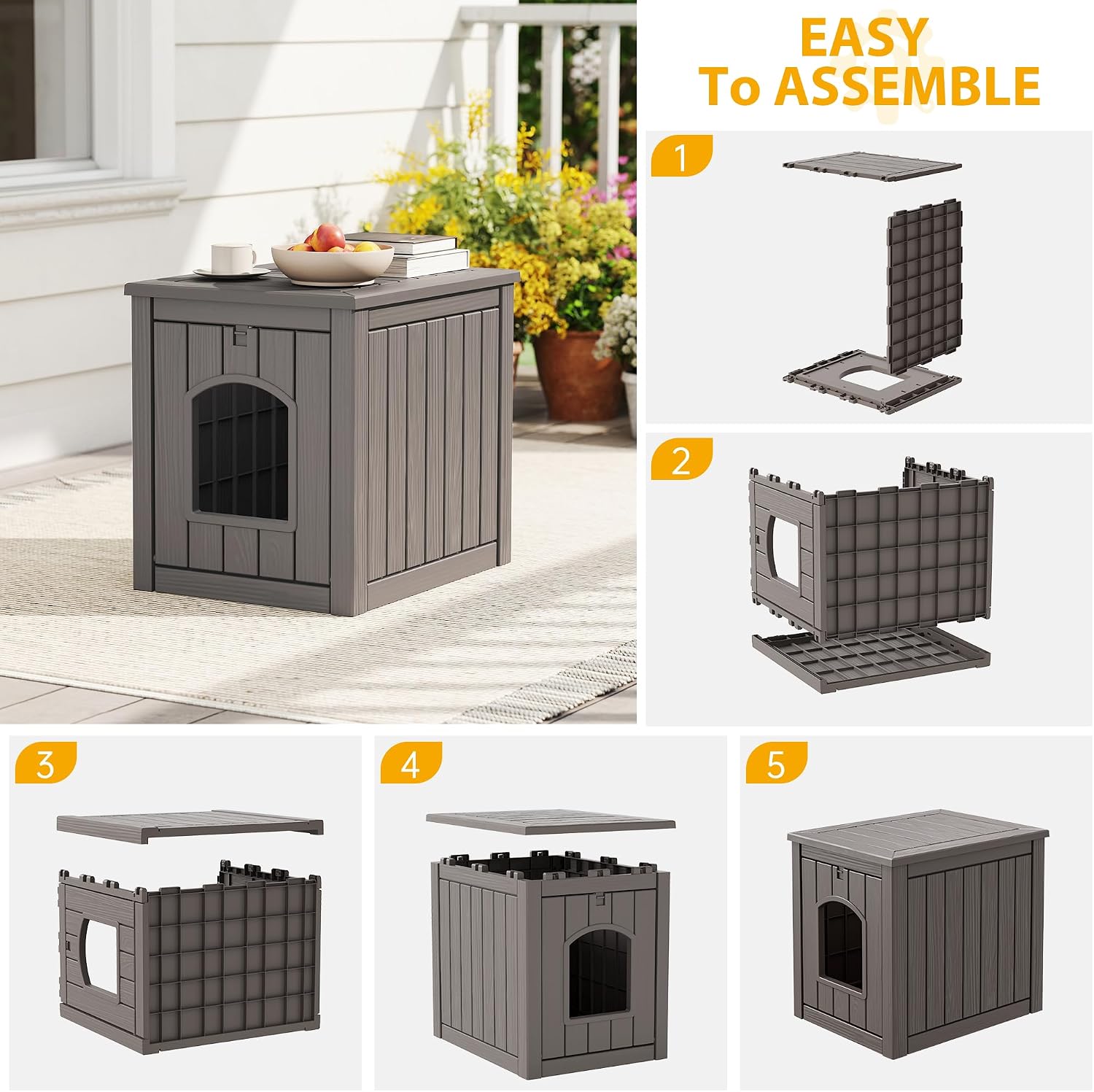 Cat Litter Box Enclosure, Multi-Functional Enclosed Cat Litter Box Furniture, Outdoor Cat House Weatherproof, Openable Front Door & Raised Floor, Easy to Clean & Assemble, Grey - Image 6