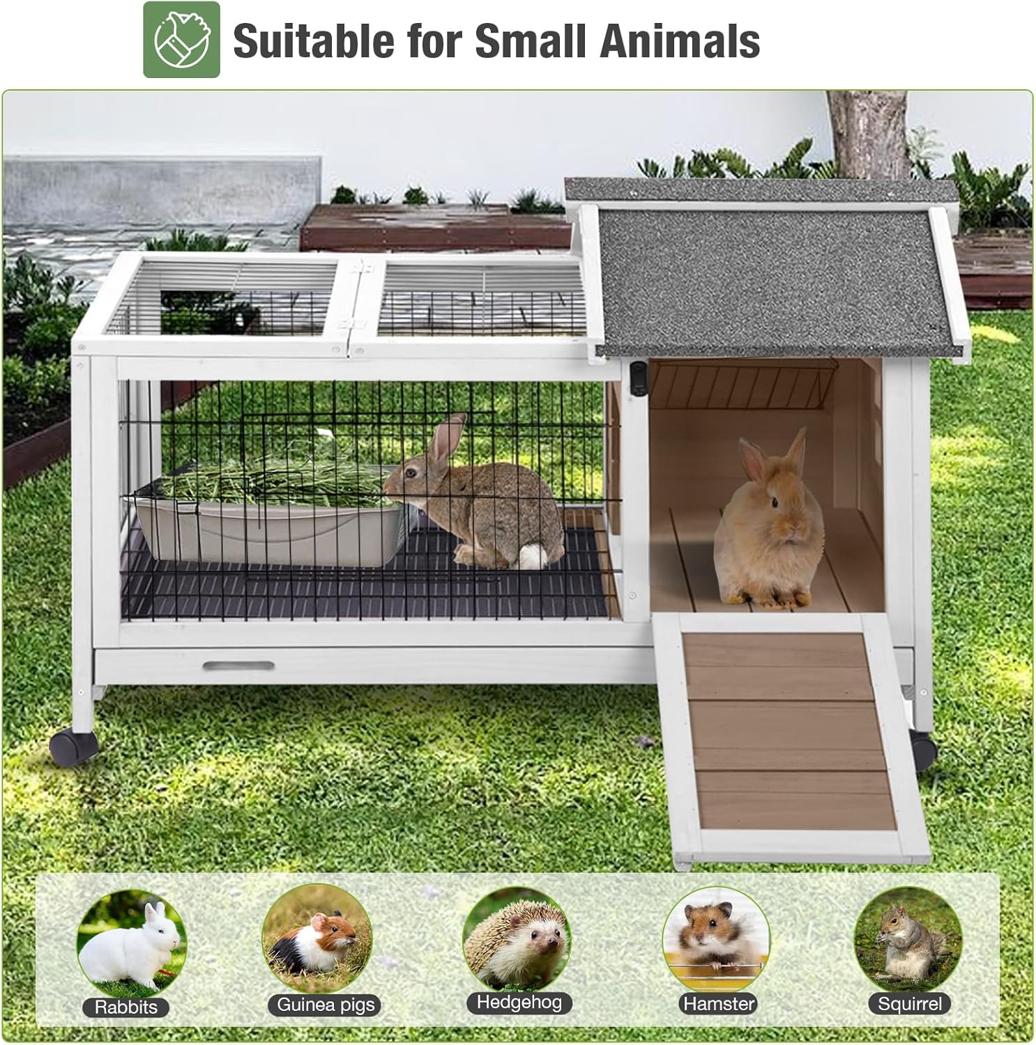 Wooden Rabbit Hutch Indoor and Outdoor, Rabbit Cage with Removable Wire Netting and Leak Proof Tray, Mobile Bunny Cage with Wheels (Brown) - Image 6
