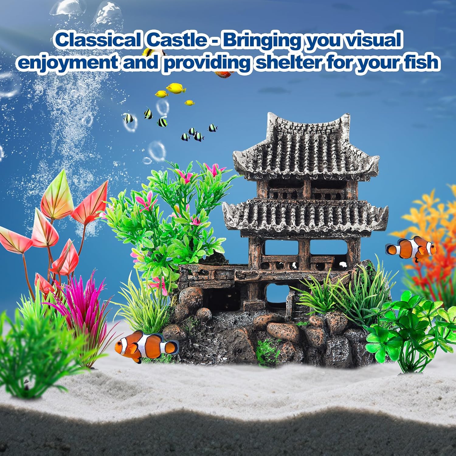 CousDUoBe 9Pcs Resin Castle Decorations Set,Realistic Fish Tank Castle with Eco-Friendly Design,Fish Tank Decorations Aquarium Accessories - Image 3