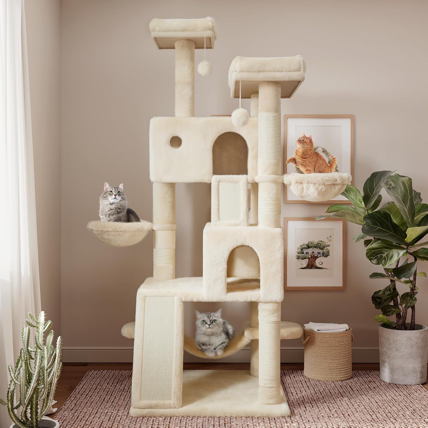 SHA CERLIN 65in Larger Cat Tree Tower Condo for Indoor Kitties/Multi-Level Furniture Activity Center with Wide Base/Cozy Plush Cat Perches/Baskets/Sisal Scratching Posts and Hammock/Beige - Image 2