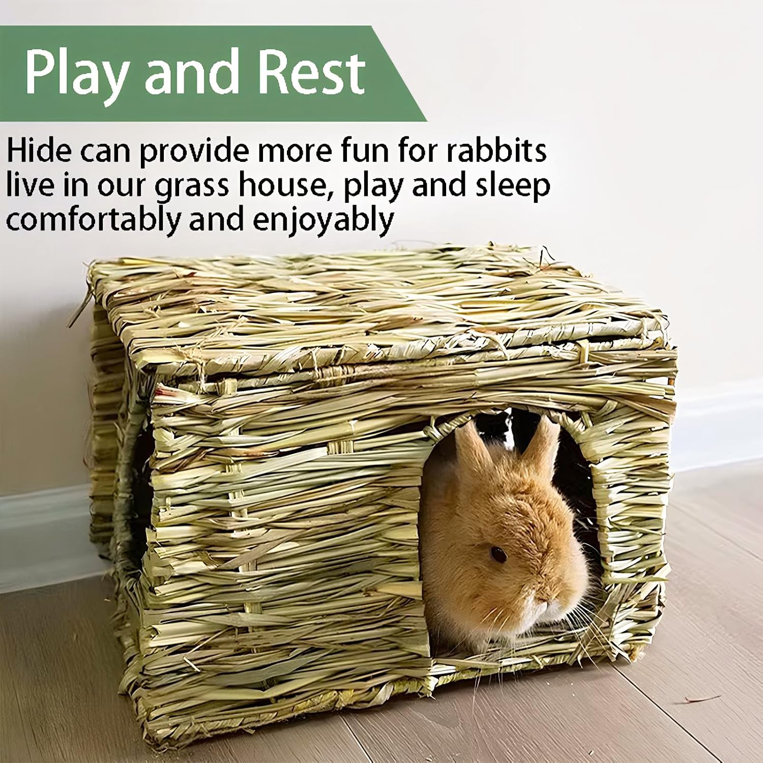 WUWEOT 2 Pack Large Grass Bunny House, Foldable Rabbit Hut, Play Hideaway Bed Hay Mat Chew Toy for Rabbit, Guinea Pigs, Gerbils, Hamster and Small Animals, 11"x8"x8" - Image 3