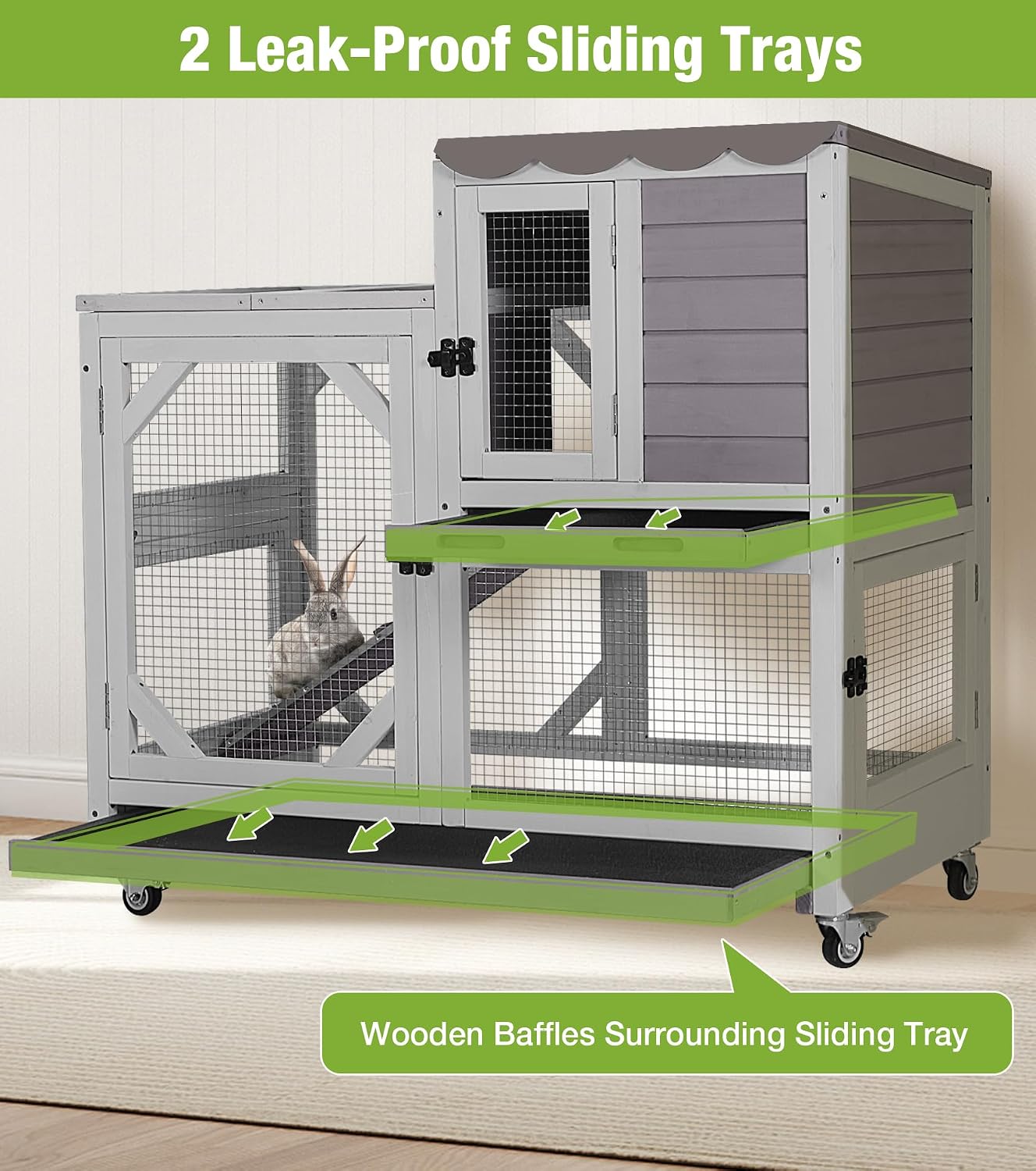 GUTINNEEN Duplex Rabbit Hutch Indoor with Chew-Proof Frame & 2 Leak-Proof Sliding Trays, Rain Cover, Wooden Guinea Pig Cages with Wheels - Grey - Image 2