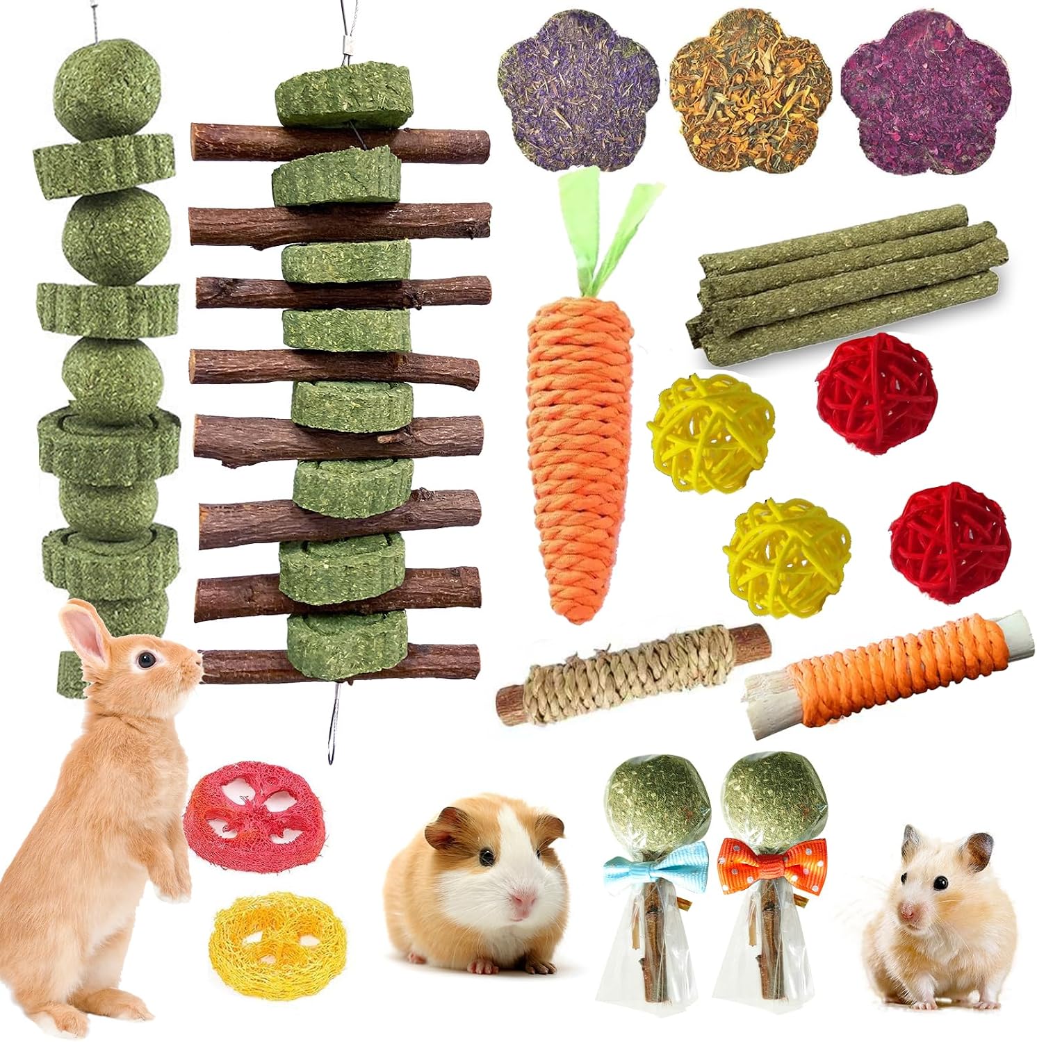 WDEFUN 21PCS Rabbit Chew Toys for Teeth Grinding, Natural Timothy Hay Cakes Treats for Bunny, Organic Apple Wood Sticks Toy Set for Guinea Pigs, Hamsters, Chinchillas,Dental Health & Boredom Relief