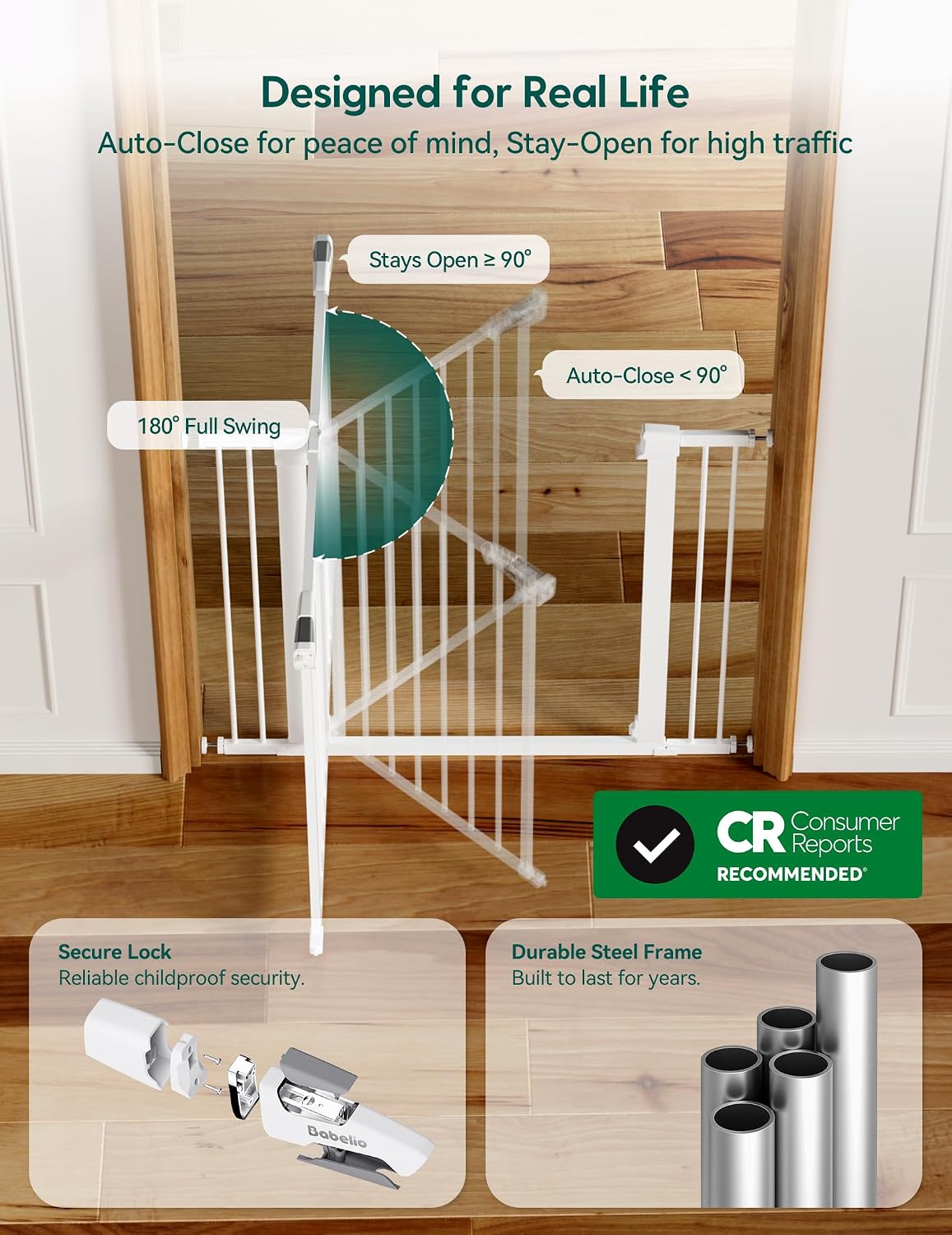 BABELIO Safety Gate Door Fits for Stairs, Narrow and Wide Doorways with Auto Close, Easy Install, No Drilling, Pressure Mounted for Baby, Child, Pets, Dog/Puppy, 26''-40'', White - Image 6
