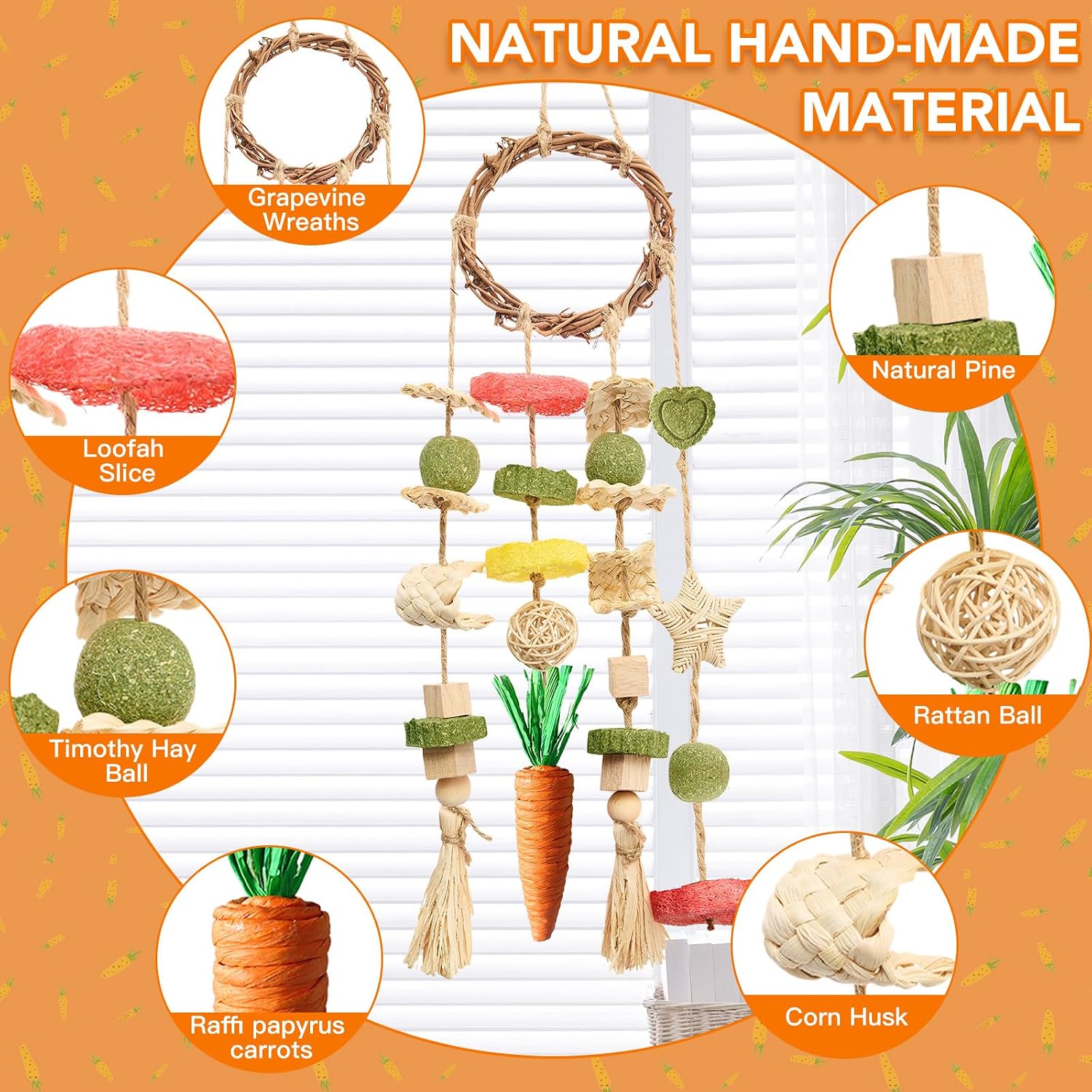 Jorewood Rabbit Chew Toys Bunny Cage Hanging Toy and Treats Rattan Ring with Snacks for Rodent Pets Teeth Healthy - Image 2
