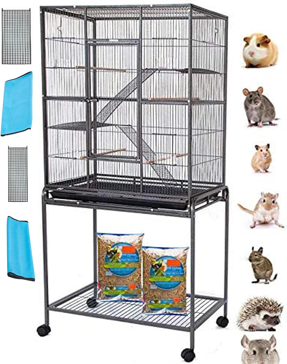 54" LARGE Wrought Iron 4-Level Chew-Proof Tight 1/2-inch Wire Spacing Ferret Squirrel Chinchilla Sugar Glider Rat Mice Rabbit Hamster Critter Home Cage Easy Clean Pull Out Tray Removable Rolling Stand