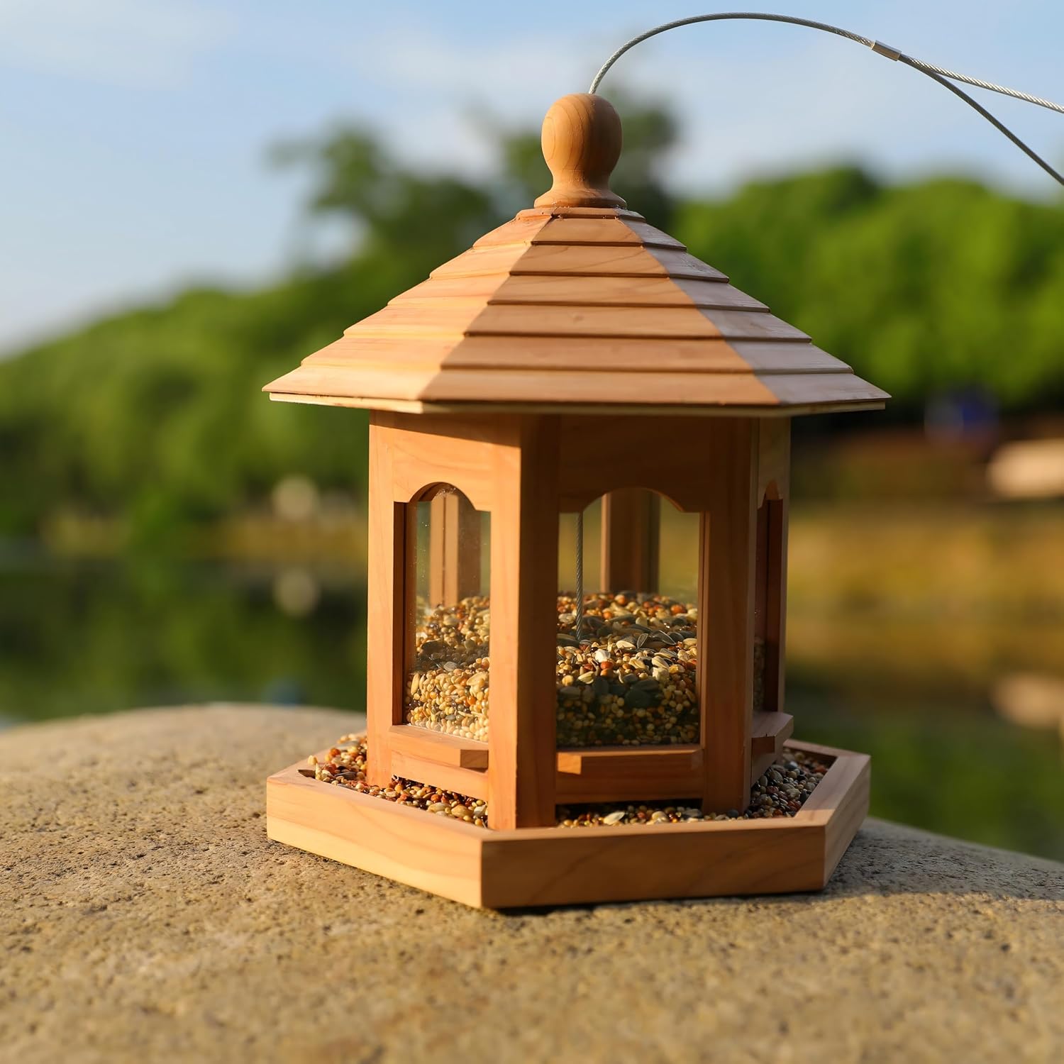 Wooden Bird Feeder for Outdoors Hanging, Red Cedar Hexagon Shaped Large Capacity, Cardinal Birdfeeder for Garden Decoration Yard, Weatherproof and Durable(Medium) - Image 7