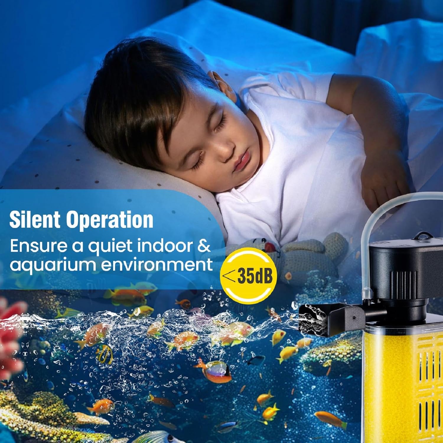 Aquarium Filter for 20-50 Gallons, Ultra-Quiet Fish Tank Filters Biochemical Filtration 200GPH Powerful Pump Submersible Sponge Filter for Large Fish & Turtle Tanks Water Clear Air Supply (13W) - Image 5