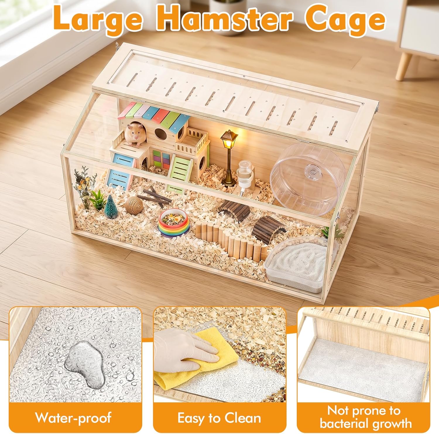 XiaZ Large Hamster Cage,40Inch Hamster Cage with Panoramic View and Ventilated Top, Spacious Acrylic Glass Habitat for Syrian Dwarf Hamsters and Degus, Natural Wood Frame Enclosure - Image 6