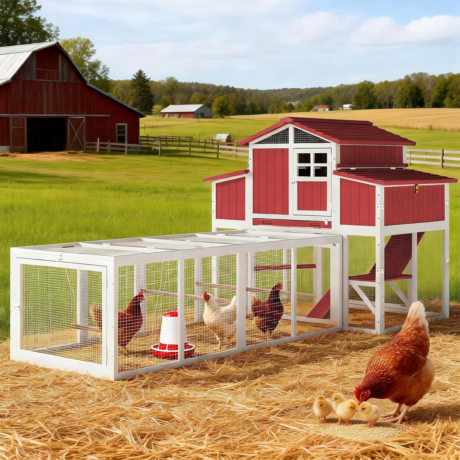 Large Chicken Coop with Run, Outdoor Hen House with 4 Sectionable Nesting Boxes, Poultry Duck House for 4-10 Chickens with 5 Perches, Leakproof Pull-on Tray and Ramp, Red