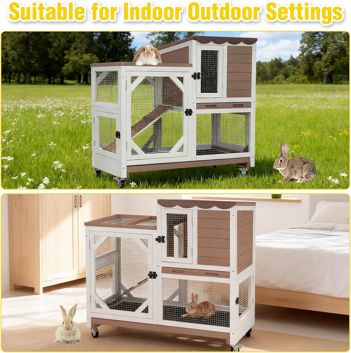 Aivituvin 39.3" Large 2-Story Rabbit Hutch, Indoor Outdoor Bunny Cage with Chew-Proof Ramp, Leak-Proof & Easy-to-Clean Tray, Lockable Wheels, for Rabbits & Guinea Pigs - Image 8