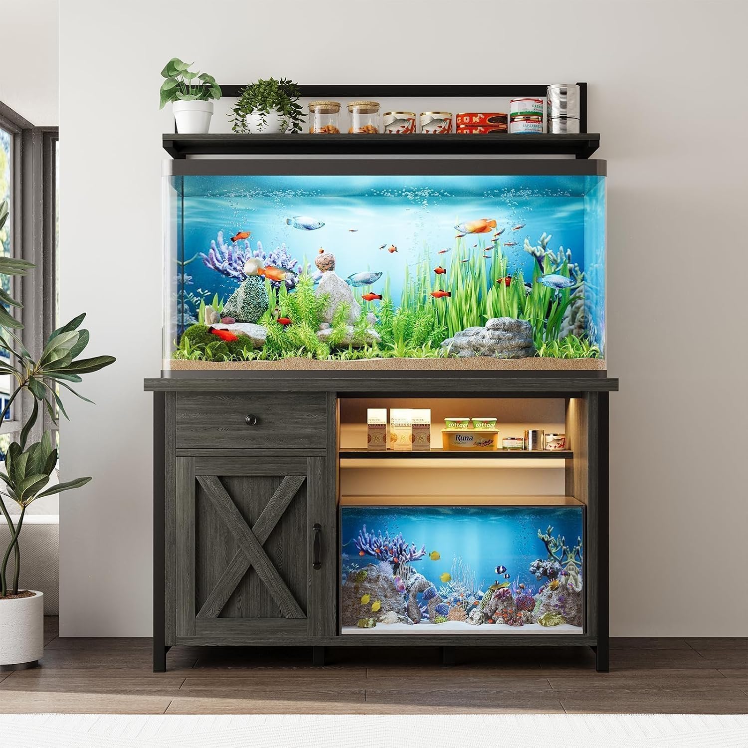 55-75 Gallon Fish Tank Stand with Power Outlet, Led Light, Aquarium Stand with Cabinet for Fish Tank Accessories Storage, Shelf, for Turtle Tank, Reptile Terrarium, 1100 LBS, Gray - Image 8