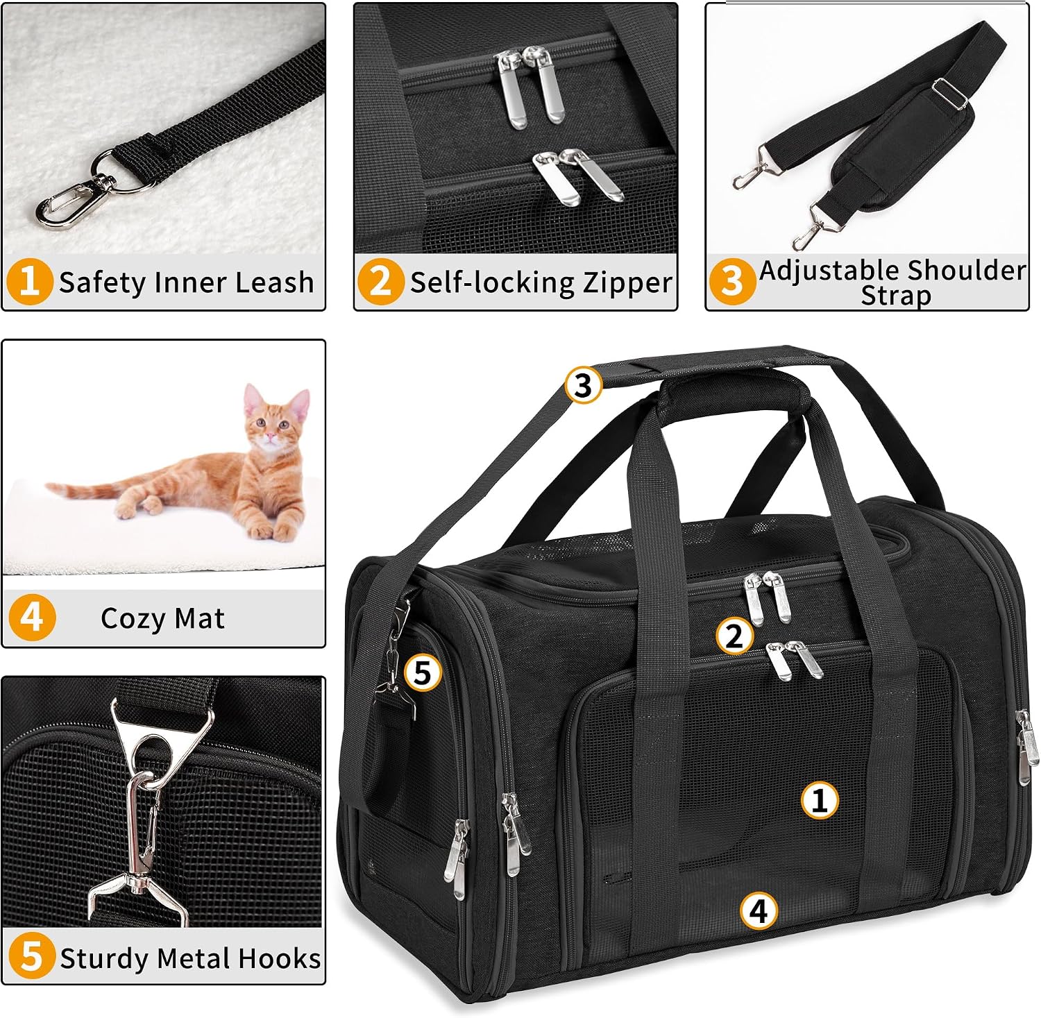 Soft-Sided Cat/Dog/Pet Carrier, Collapsible Pets Travel Carriers for Big Cats/Small Dogs with Shoulder Strap & Removable Mat, Mesh Puppy Carry Bag, Up to 16 Lbs, TSA Airline Approved(Black) - Image 4