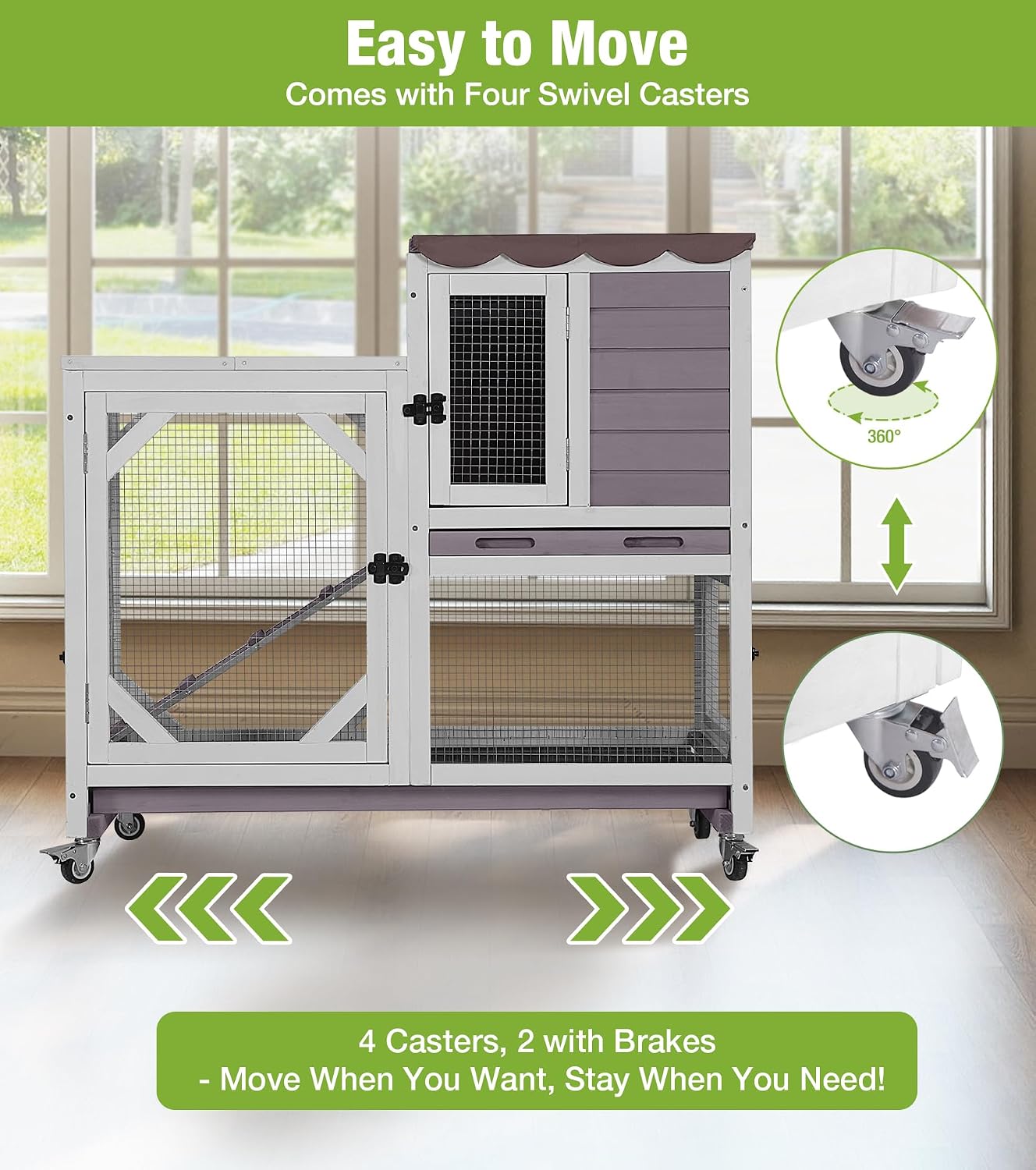 GUTINNEEN Duplex Rabbit Hutch Indoor with Chew-Proof Frame & 2 Leak-Proof Sliding Trays, Rain Cover, Wooden Guinea Pig Cages with Wheels - Grey - Image 3