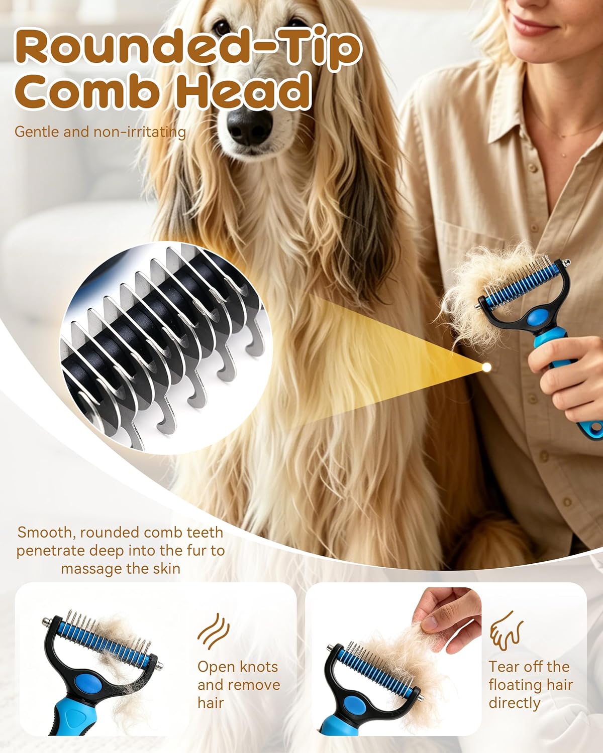Tool, 2-In-1 Double-Sided Grooming Tool, Deshedding Dog Brush, Pet Shedding Remover Rounded-Tooth Comb For Painlessly Removing Knots And Loose Hair (Blue-Large) - Image 3