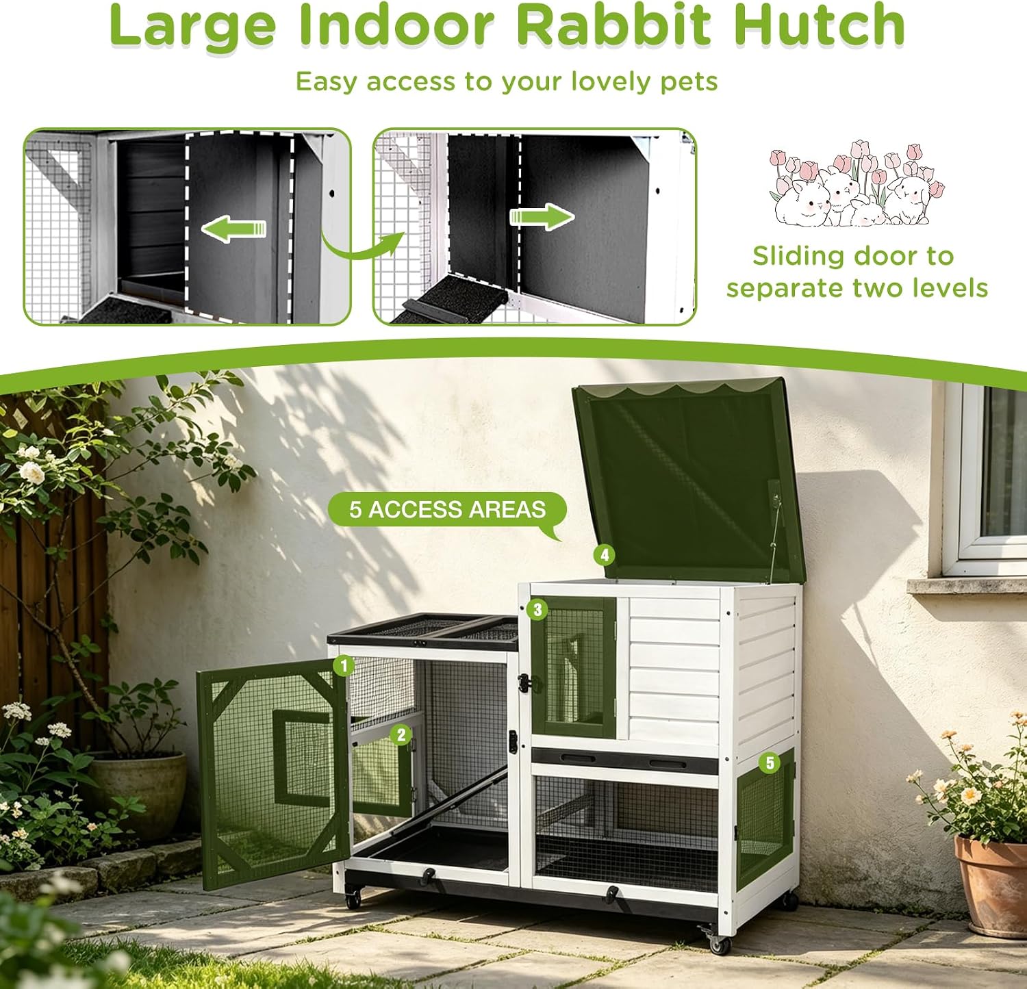 Gutinneen 2-Story Rabbit Hutch Bunny cage with Chew-Proof Ramp, Locking Leak-Proof Trays - Indoor/Outdoor 39.3" Wooden Rabbit Cage with Wheels for Rabbits, Guinea Pigs, Small Animal (Black and White) - Image 6