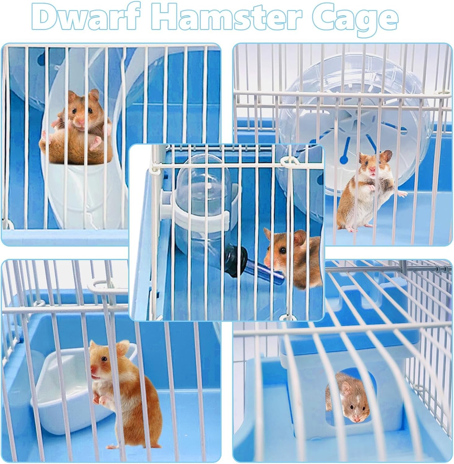 PINVNBY 2-Tier Dwarf Hamster Cage, Travel Portable Guinea Pig Cages Rat Cage and Habitats Small Animal Carrier with Castle House Exercise Wheels, Water Bottle and Food Dish(Blue) - Image 7