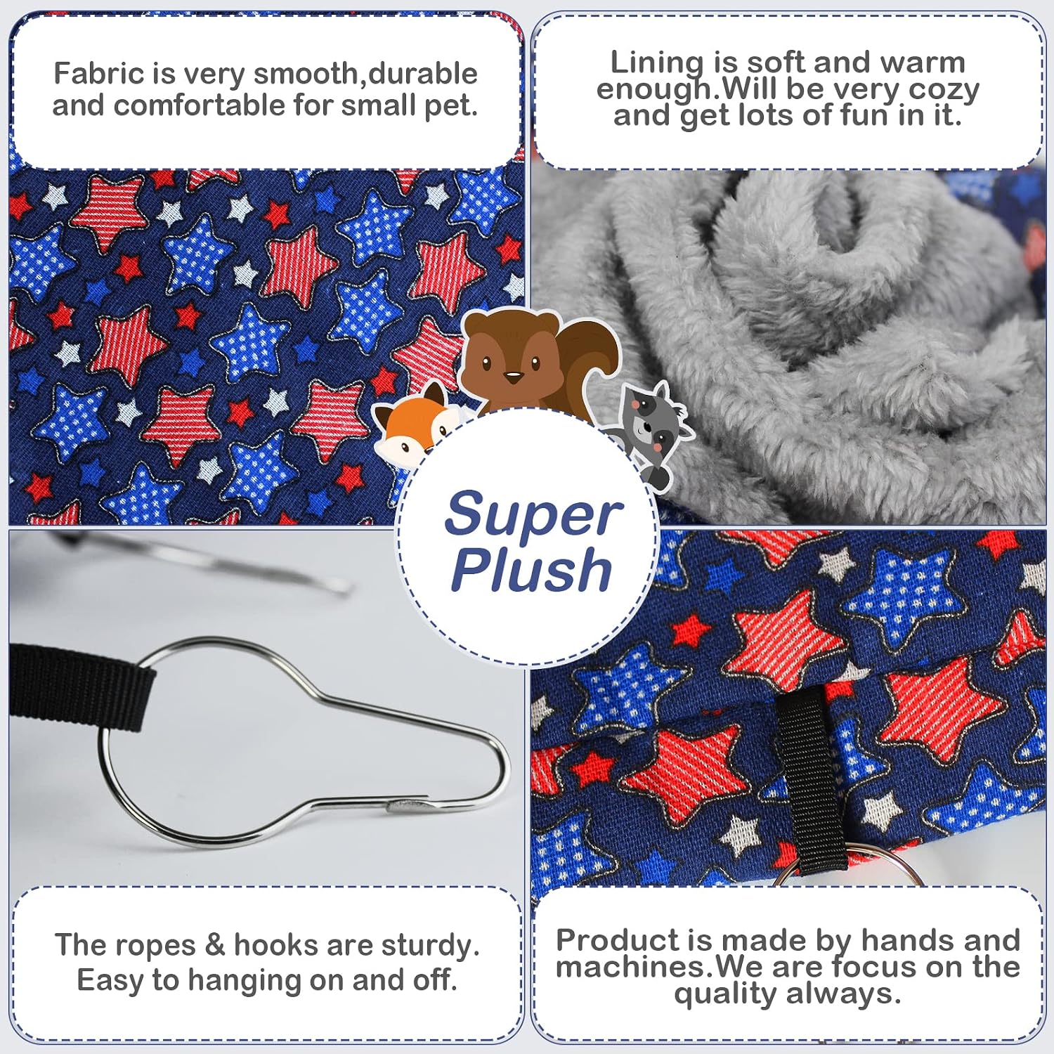 petonfun Ferret Rat Hammock Set Guinea Pig Hideout Bed,Soft Hamster Toys Hanging Tunnels and Tubes,Plush Small Animal Pet Chinchilla for Cage Accessories Hide,Play and Sleep,2 Pack,Blue Star - Image 4