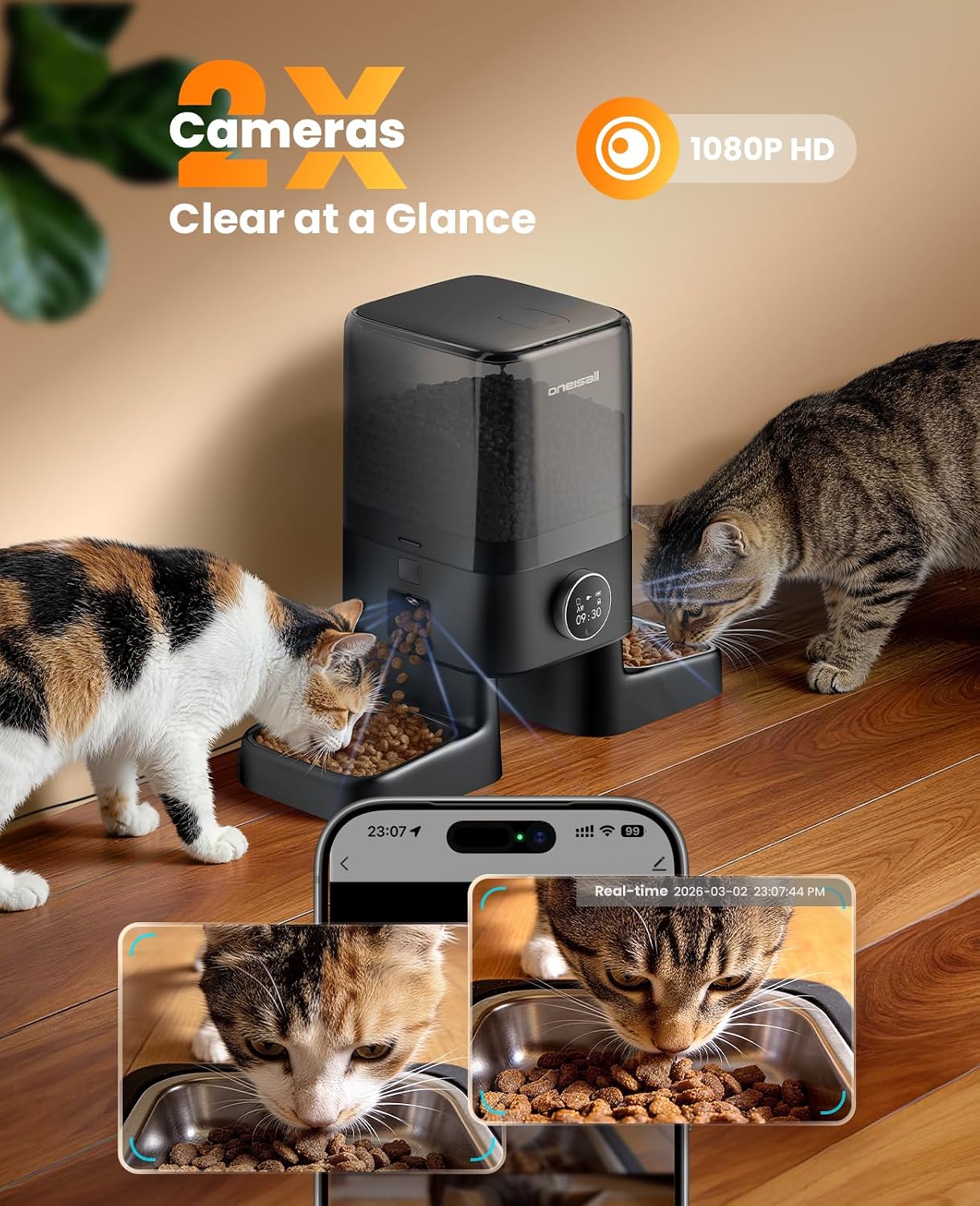 oneisall Automatic Cat Feeder with Camera for 2 Cats, 1080P HD Night Vision, 20 Cups/5L Cat Feeder Automatic, 2-Way Audio, Motion-Activated Alerts, 5G WiFi APP Remote Control Pet Feeder - Image 2