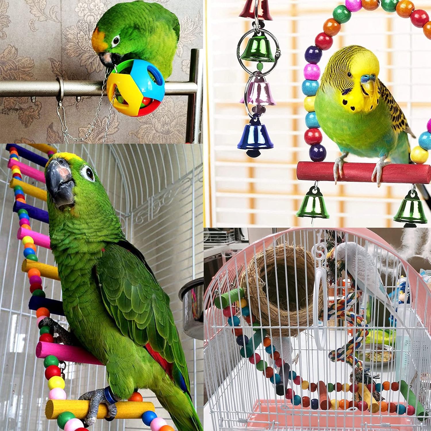 Hamiledyi Bird Parrot Swing Chewing Toy Set 15PCS Wooden Hanging Bell with Hammock Climbing Ladders Colorful Pet Birds Cage Toys for Small Parakeet Cockatiel Finches Conures Budgie Macaws Love Birds - Image 5