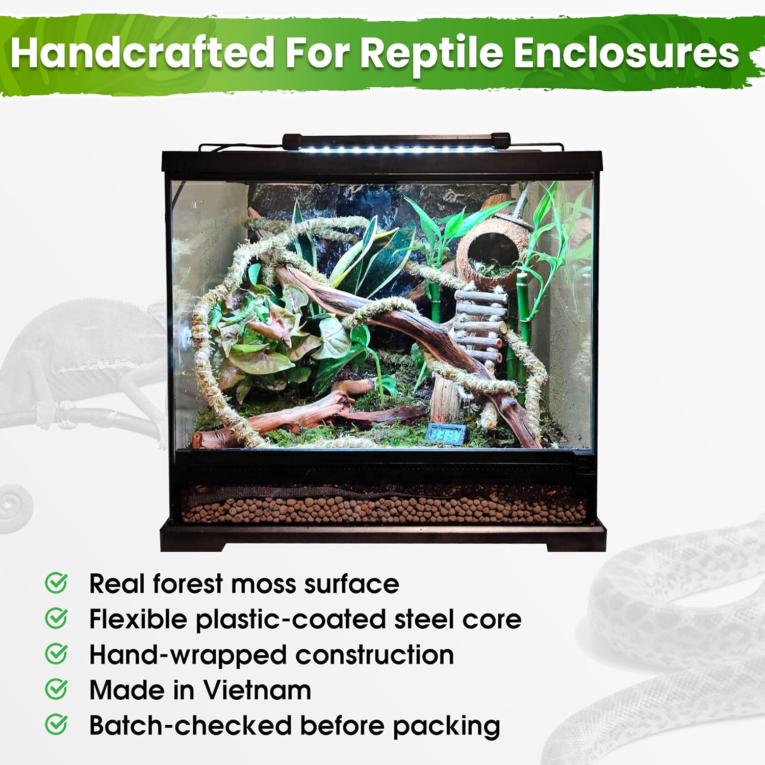 Duspro 10FT Reptile Vines for Climbing Bendable Branch for Reptile Natural Moss Rope Jungle Decor for Bearded Dragon, Chameleon Tank Accessories, Snake Gecko Lizard Terrarium - Image 6