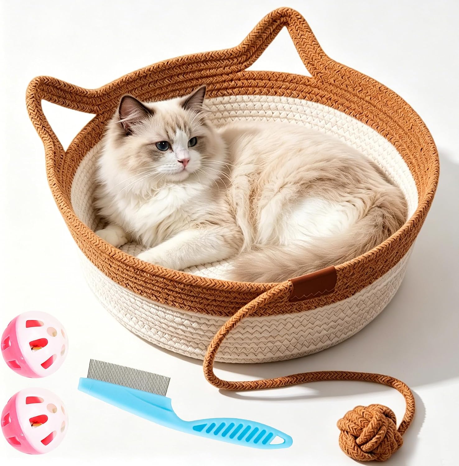 Instinct Basket for Cats, 35/40/46cm Stimuli Handwoven Cat Basket Bed with Cat Ear Handles, Cotton Rope Cat Basket Bed Ball Rope, Indoor Use for All Cats