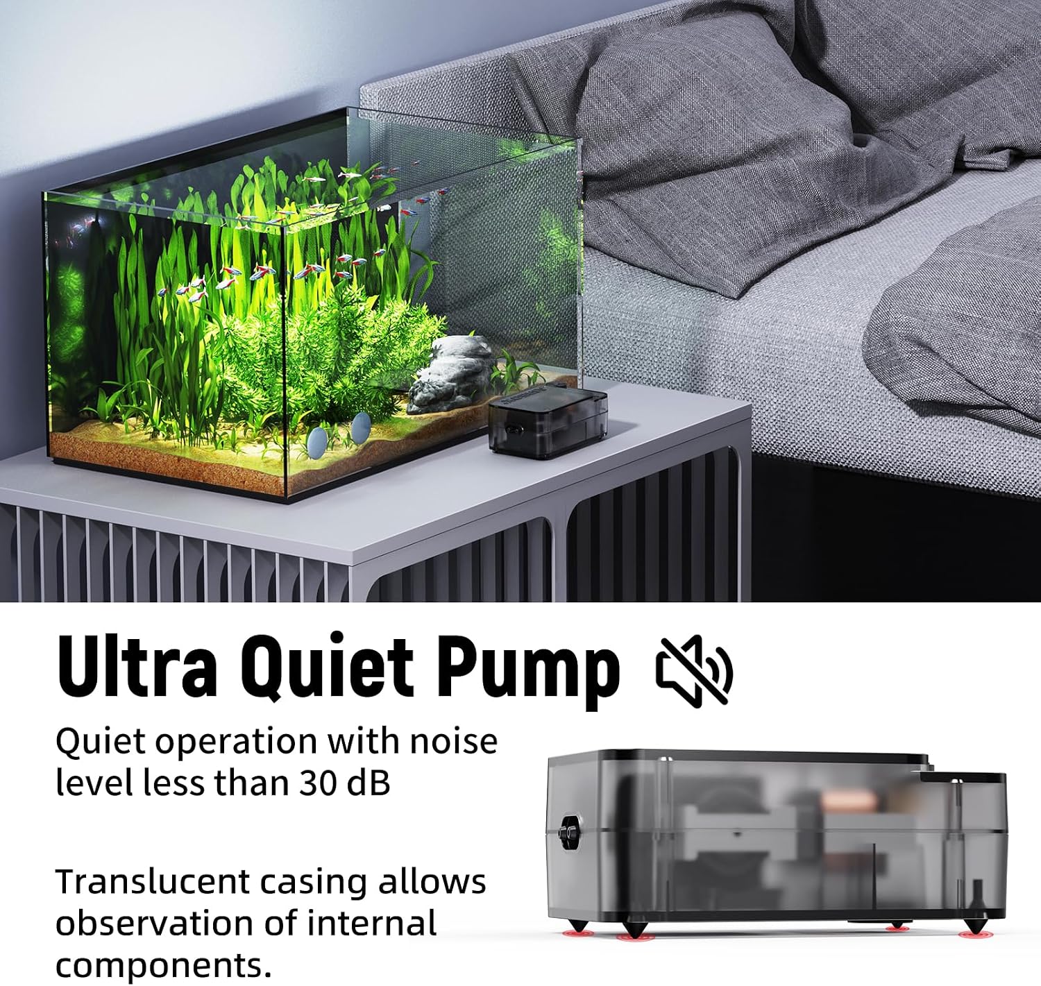 AQUASMITH Aquarium Air Pump,Ultra-Quiet/Small Size/More Output Air Pump for Fish Tank 1.5w/29GPH/14Kpa,with Air Stone Bubbler,Adjustable Airflow,Single Outlet Suitable for 20-40 Gallon Fish Tank - Image 3