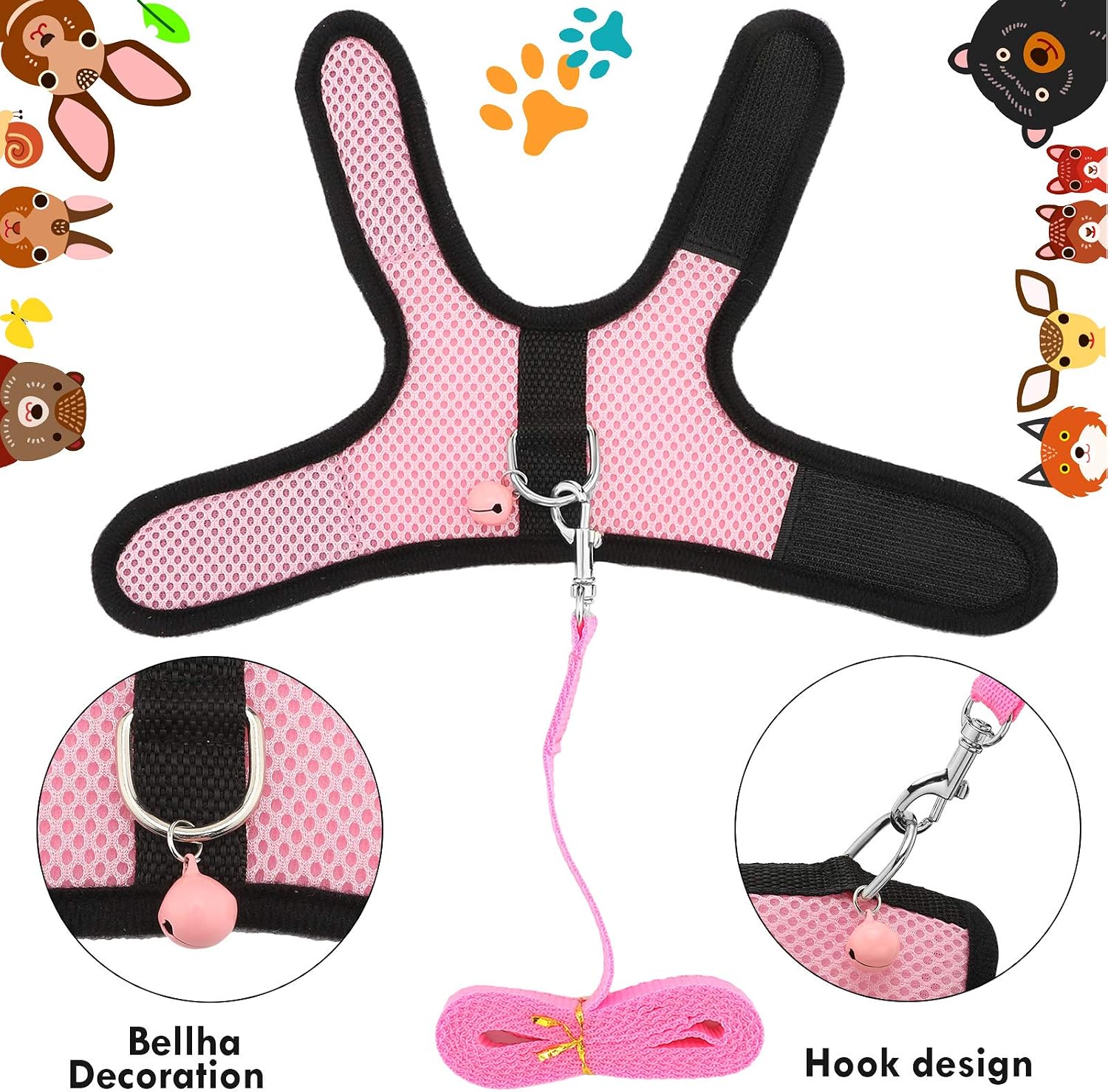 SATINIOR 2 Sets Guinea Pig Harness and Leash Adjustable Soft Mesh Harness Bell No Pulling Comfort Vest for Baby Ferret Rats Hamster Bunny Rabbit Chinchilla and Small Pet (Pink, Blue, S) - Image 7