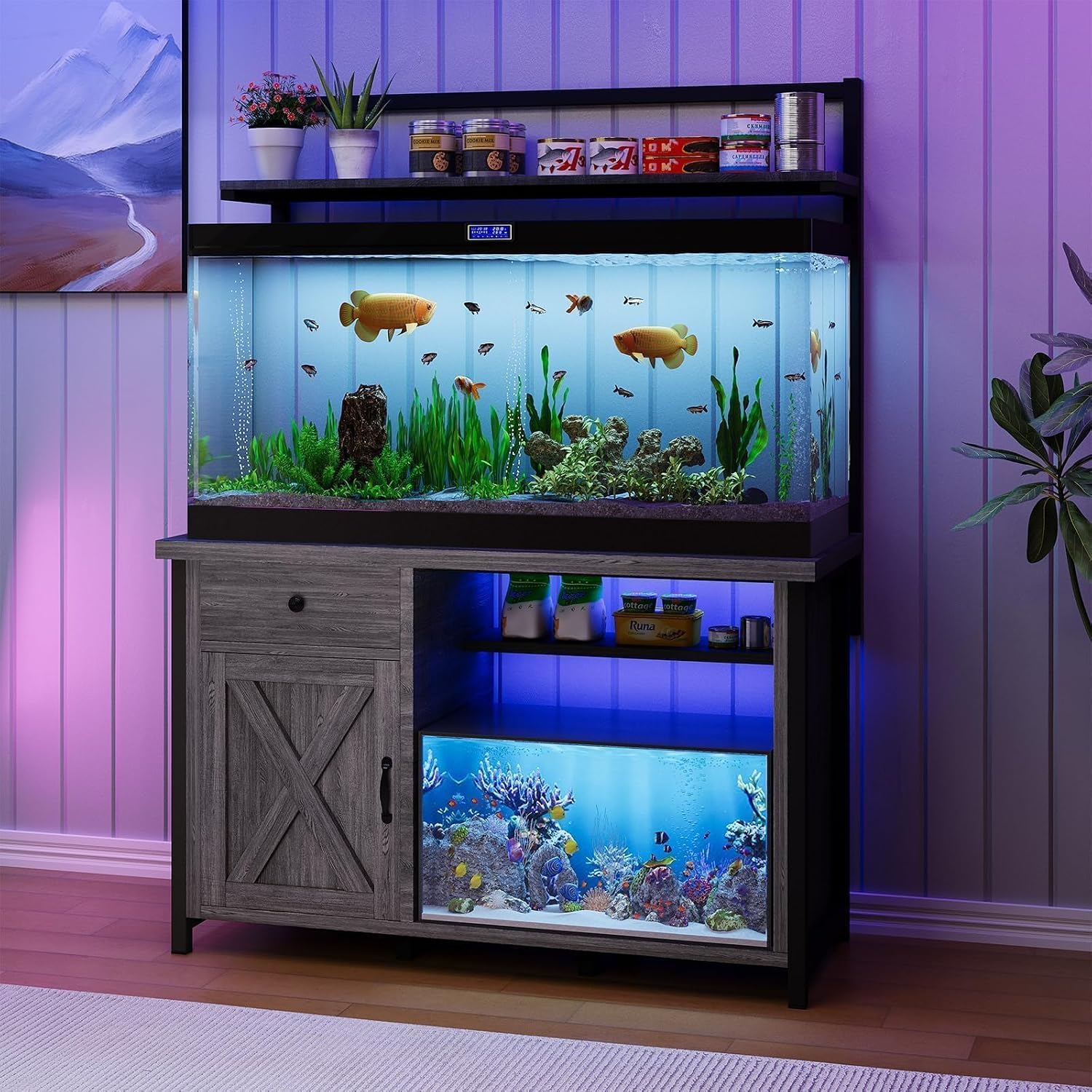 55-75 Gallon Fish Tank Stand with Power Outlet, Led Light, Aquarium Stand with Cabinet for Fish Tank Accessories Storage, Shelf, for Turtle Tank, Reptile Terrarium, 1100 LBS, Gray - Image 7