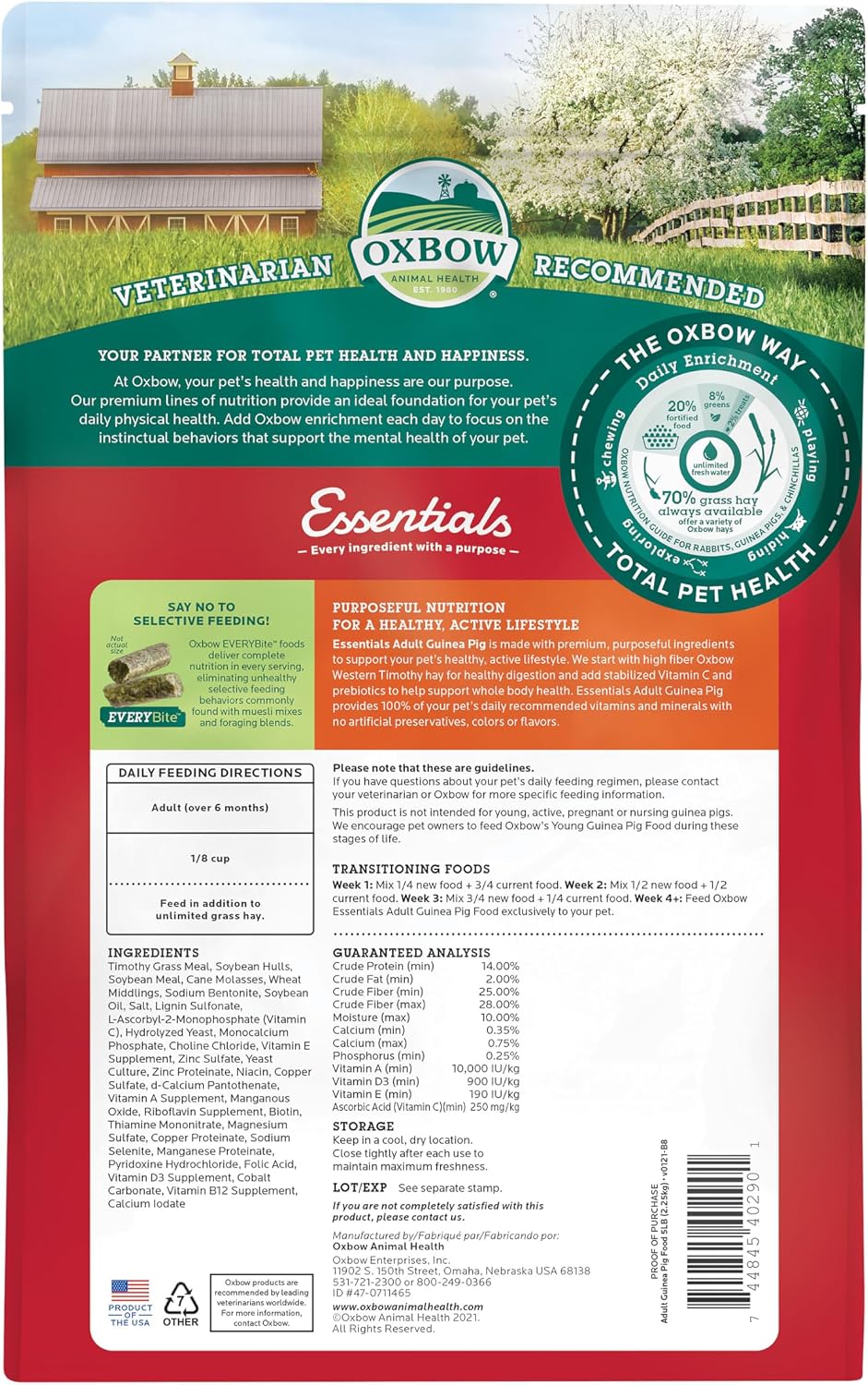 Oxbow Essentials Guinea Pig Food, Adult Guinea Pig, Made with Oxbow Timothy Hay, Pet Food Pellets with Vitamin C, Small Animal Pet Products, Made in USA, High Fiber, 5 lb. bag - Image 2