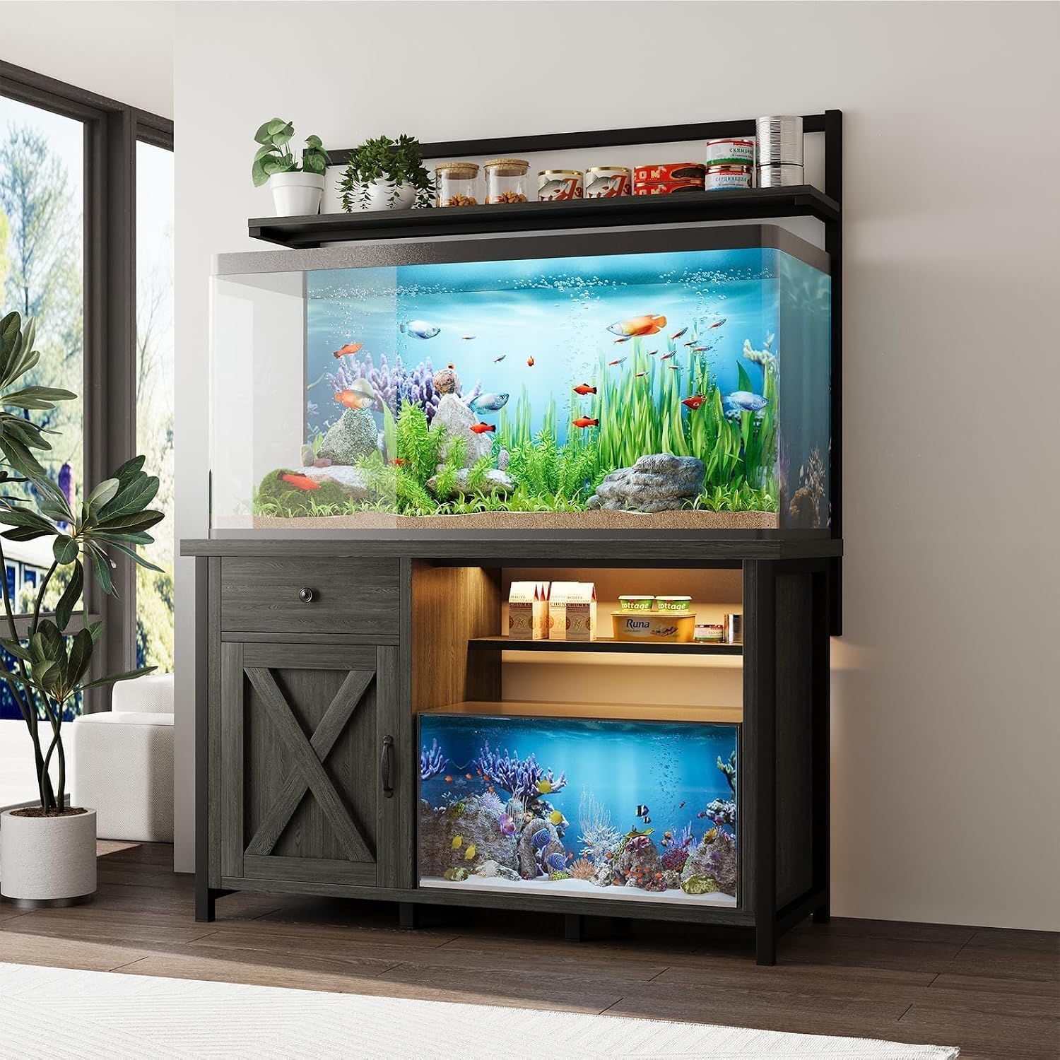 55-75 Gallon Fish Tank Stand with Power Outlet, Led Light, Aquarium Stand with Cabinet for Fish Tank Accessories Storage, Shelf, for Turtle Tank, Reptile Terrarium, 1100 LBS, Gray - Image 3