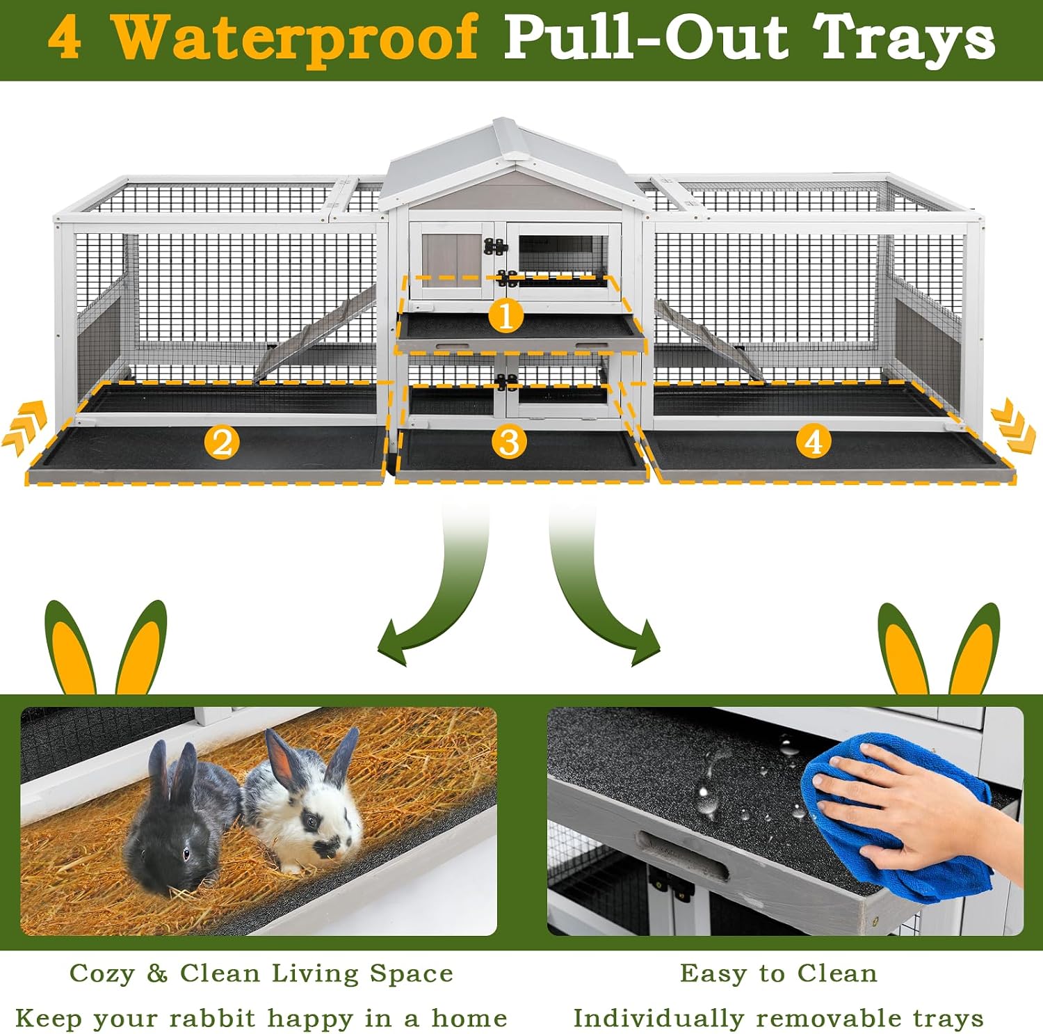PetsCosset Double Rabbit Hutch Outdoor Indoor Large Bunny Cage with Dual Side Runs, 2-Story Wooden Hutch with 4 Leak Proof Trays, 8 Wheels, Waterproof Roof, Ramp, for Small to Medium Animals - Image 3