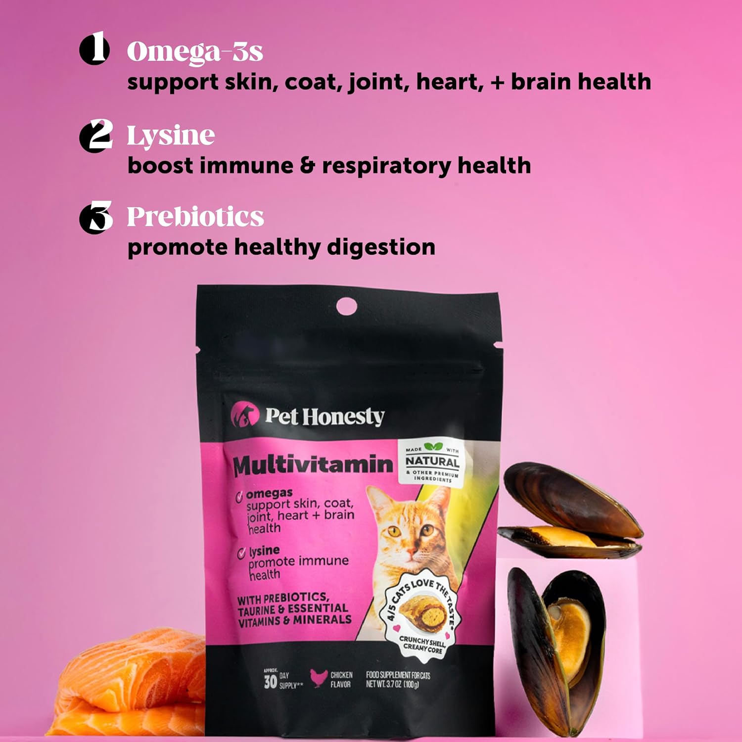 Cat Multivitamin Crunchy Creamy Chews - Daily Vitamins with Lysine, Prebiotics, Omega 3 Fish Oil - Cat Treats for Immune Support, Skin Coat, Digestion, Heart + Joint Health (180 Day Supply) - Image 3