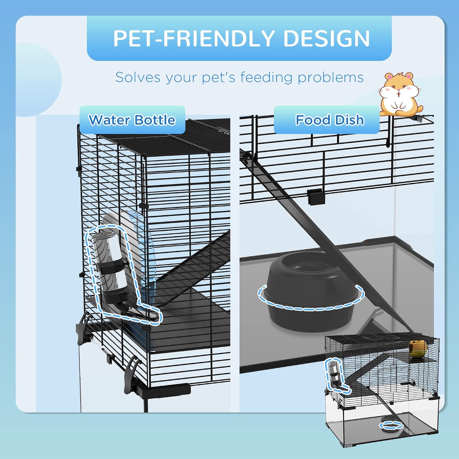 PawHut Large Hamster Cage with Deep Tempered Glass Bottom, 3 Tiers Hamster Tank with Running Wheel, Hut, Water Bottle, Dish, Rat Cage for Syrian, Dwarf, Gerbils, Mouse, 23.5" x 16" x 22.5", Black - Image 4
