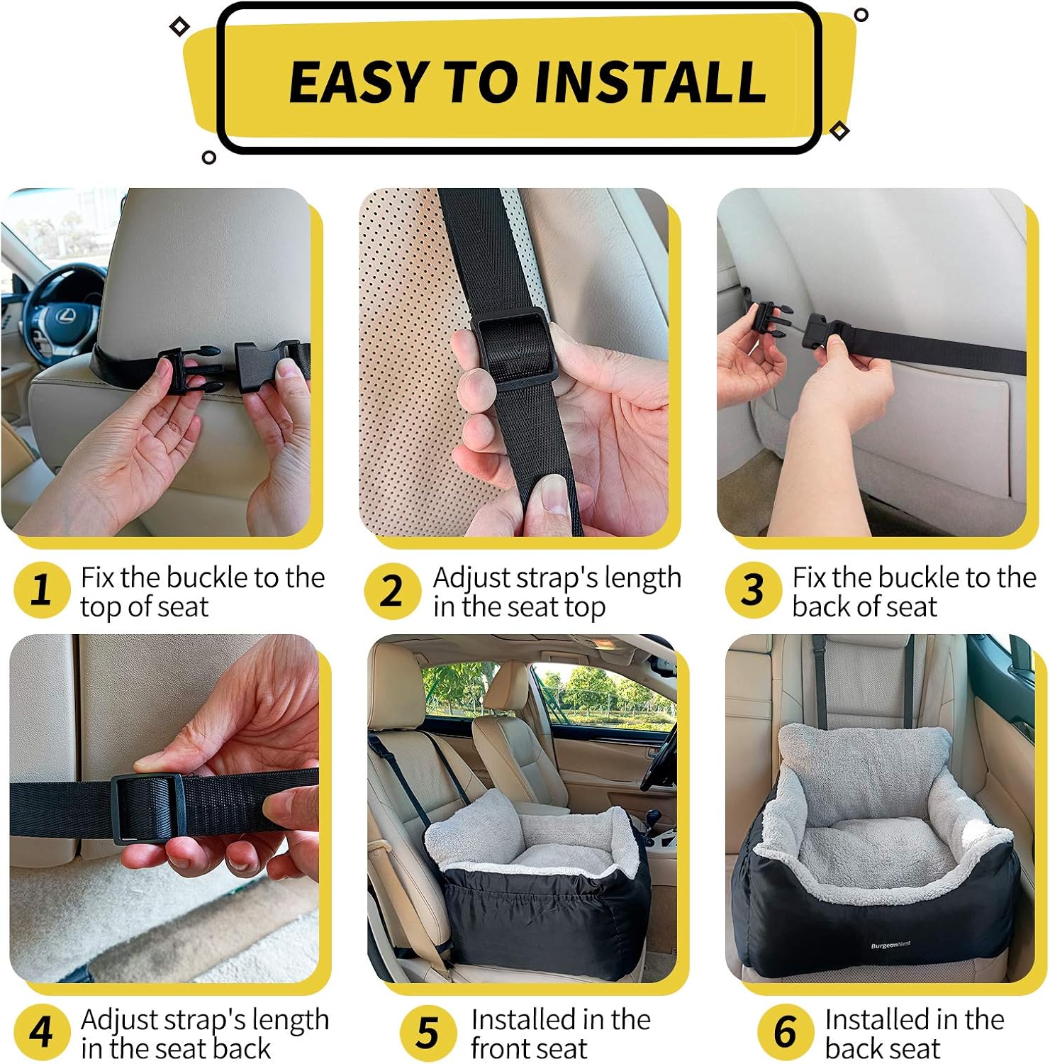 BurgeonNest Dog Car Seat for Small Dogs, Soft Pet Car Travel Home Bed Under 25 lbs, Fully Detachable and Washable Cat Booster Carseats with Storage Pockets and Clip-On Leash Portable Carrier,Black - Image 7