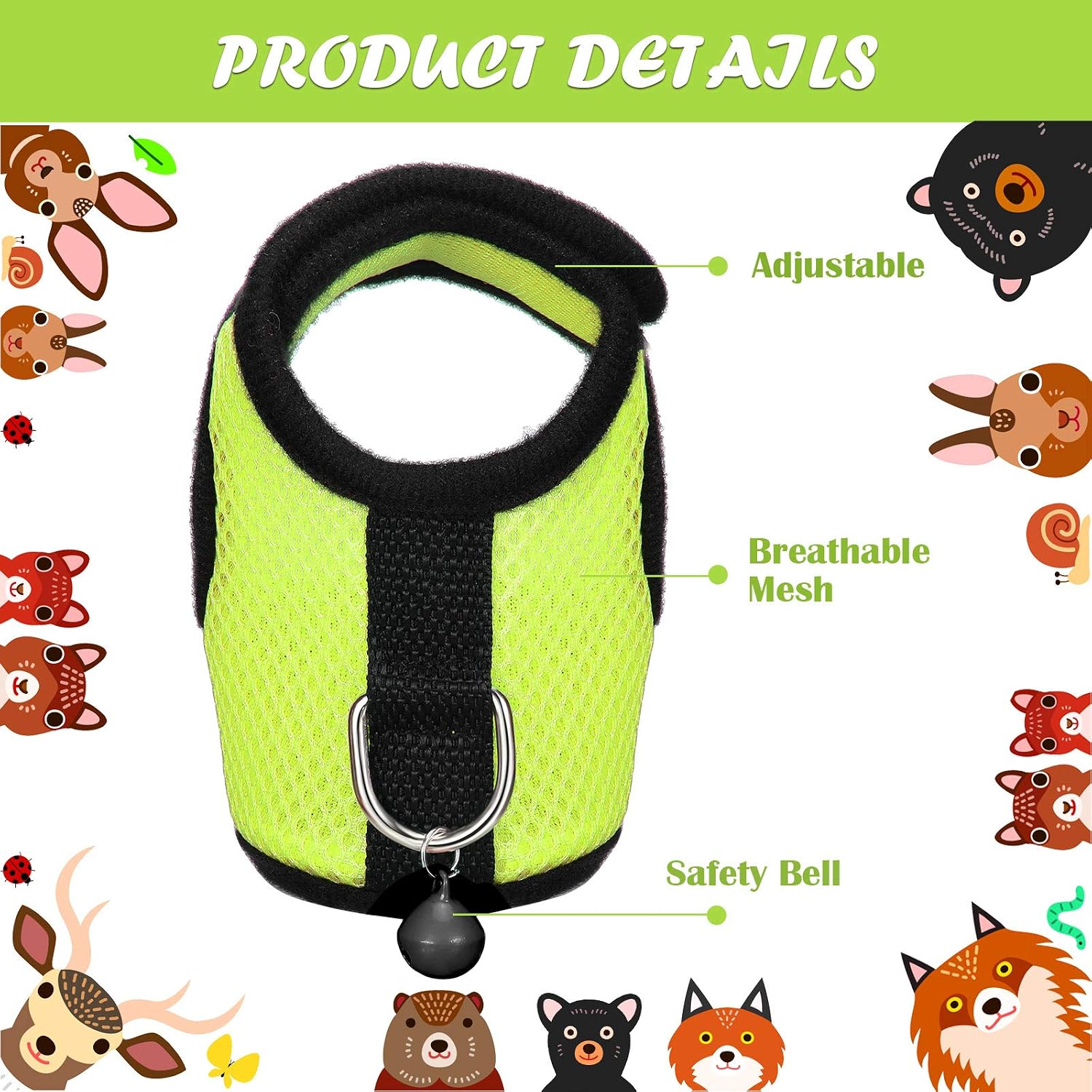 SATINIOR 2 Sets Guinea Pig Harness and Leash Adjustable Soft Mesh Harness Bell No Pulling Comfort Vest for Baby Ferret Rats Hamster Bunny Rabbit Chinchilla and Small Pet(Green, Pink,S) - Image 6