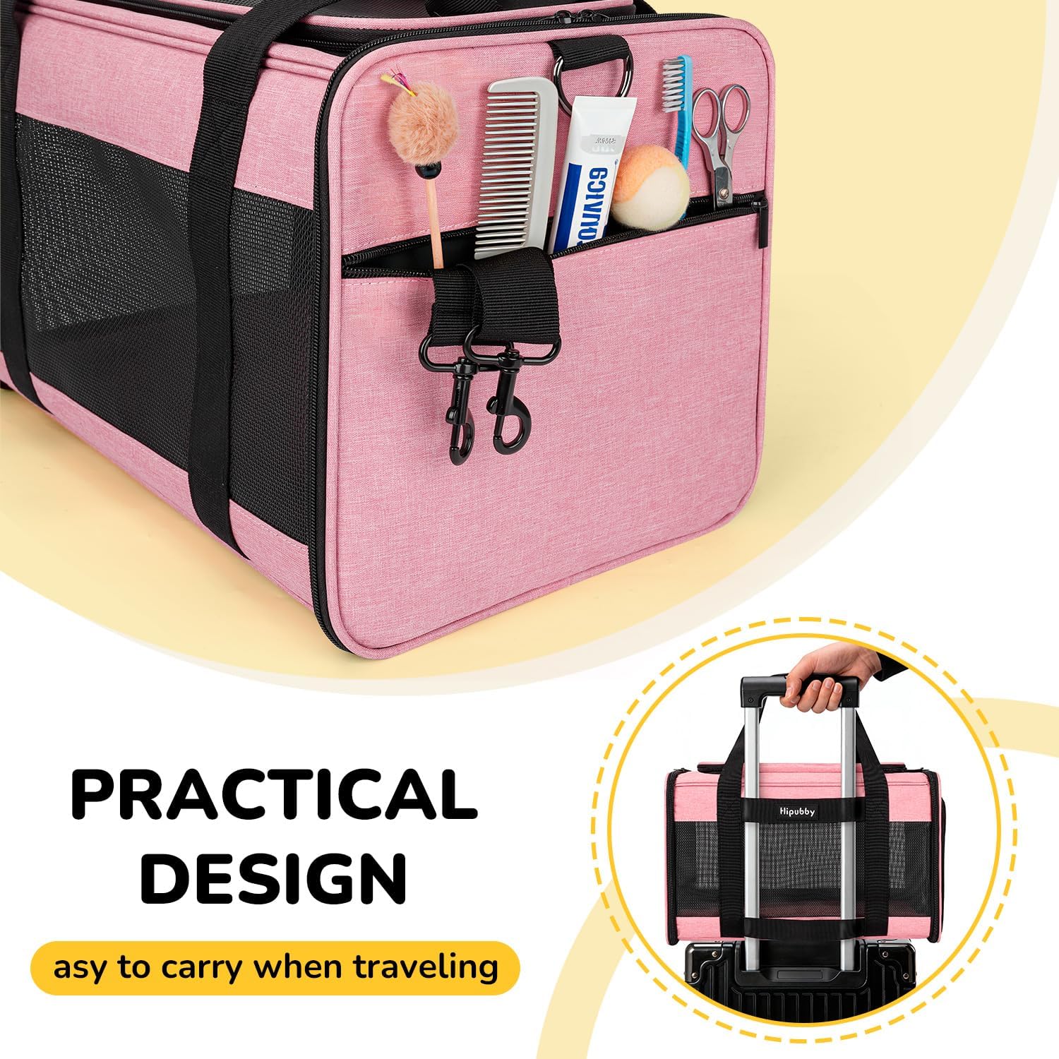 Hipubby Cat Carrier Dog Carrier for Pets Up to 16 Lbs, Soft-Sided Pet Travel Carrier for Cats and Small Dogs, Airline Approved Pet Carrying Case with Shoulder Strap & Removable Mat - Pink - Image 5
