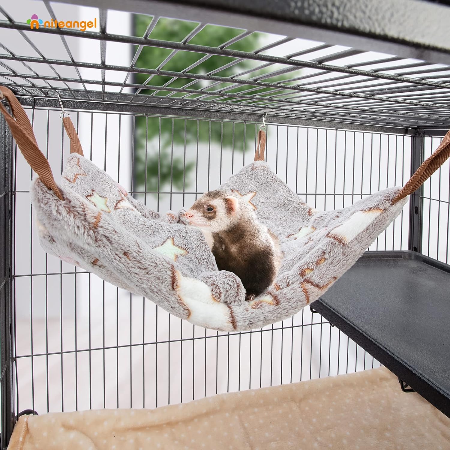 Niteangel Hanging Hammock Nap Sack Swing Bag Pet Sleeper for Ferret Rat Sugar Glider and Other Small Animals (Cream, Star) - Image 6