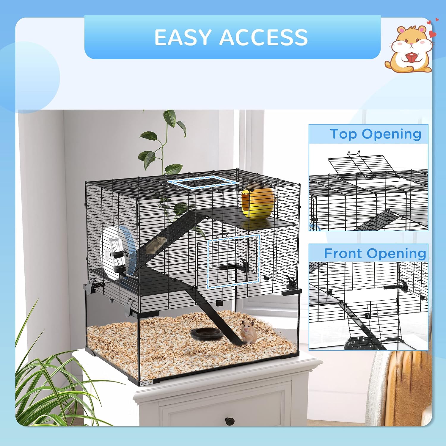 PawHut Large Hamster Cage with Deep Tempered Glass Bottom, 3 Tiers Hamster Tank with Running Wheel, Hut, Water Bottle, Dish, Rat Cage for Syrian, Dwarf, Gerbils, Mouse, 23.5" x 16" x 22.5", Black - Image 6