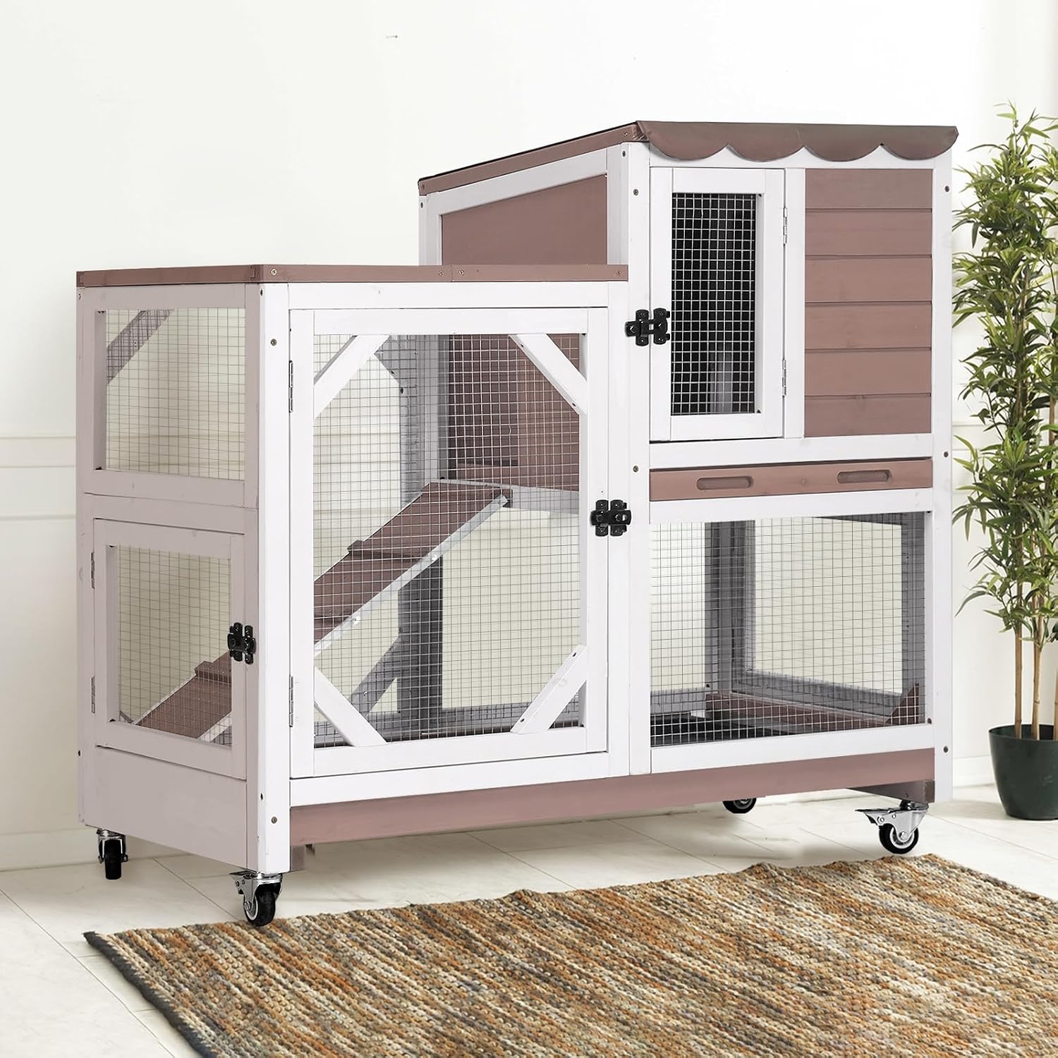 Gutinneen 2-Story Rabbit Hutch with Chew-Proof Ramp & Leak-Proof Trays - Indoor/Outdoor 39.3" Wooden Rabbit Cage with Wheels for Rabbits, Guinea Pigs - Image 8
