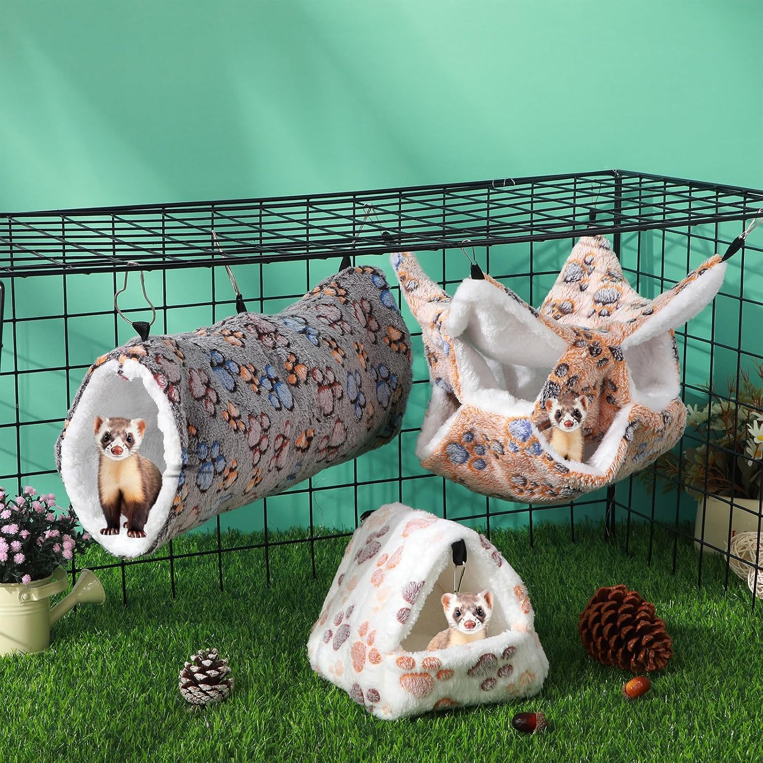 Abbylike 9 Pieces Rat Hammock 3 Tier Guinea Pig Ferret Hammocks Small Pet Hanging Tunnel Glider Toy Guinea Pig Ferret Hideout Bed Cage Accessories for Hamster(Light Brown, White, Black,Paw) - Image 5
