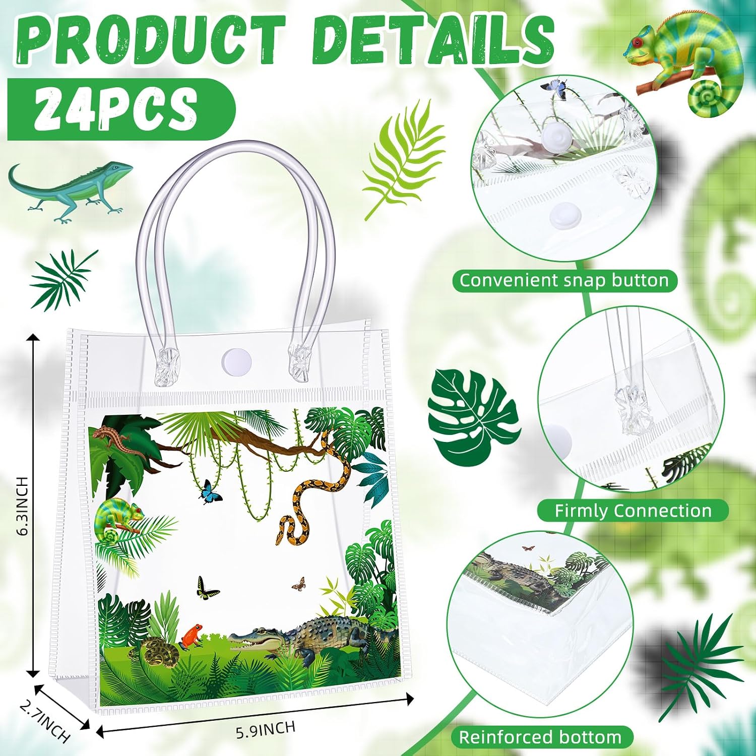 Leinuosen 24 Pcs Reptile Party Favor Reptile Swamp Clear PVC Gift Bags with Handle Lizards Turtles Snakes Crocodiles Treat Bags for Wildlife Jungle Animal Party Supplies - Image 2