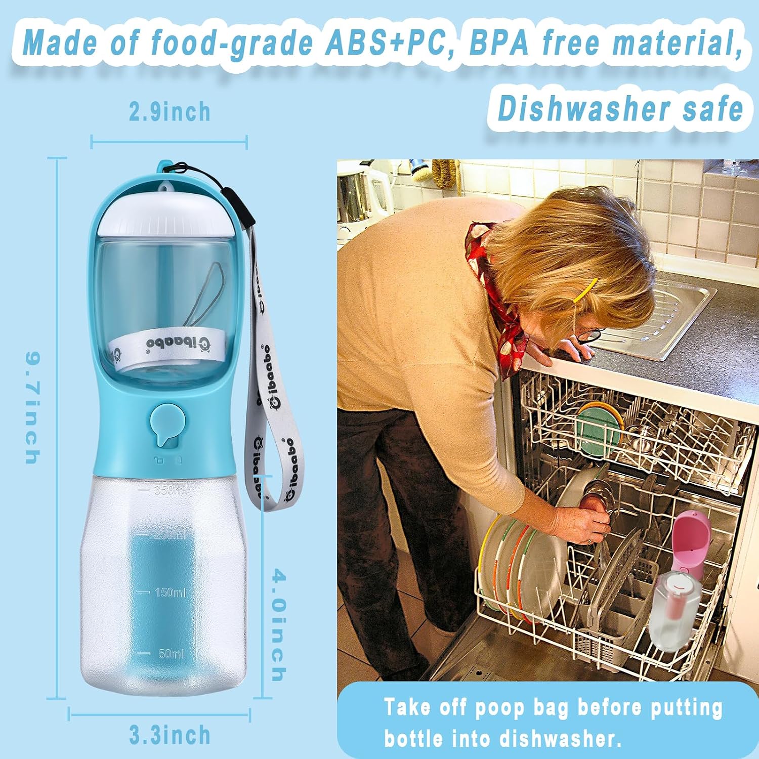 Cibaabo Dog Water Bottle with Food Container & Poop Bag Holder & Filter | Travel Water Bowl, Portable Pet Dispenser, Dog Gifts, Puppy Essentials for Walking Hiking - Image 6