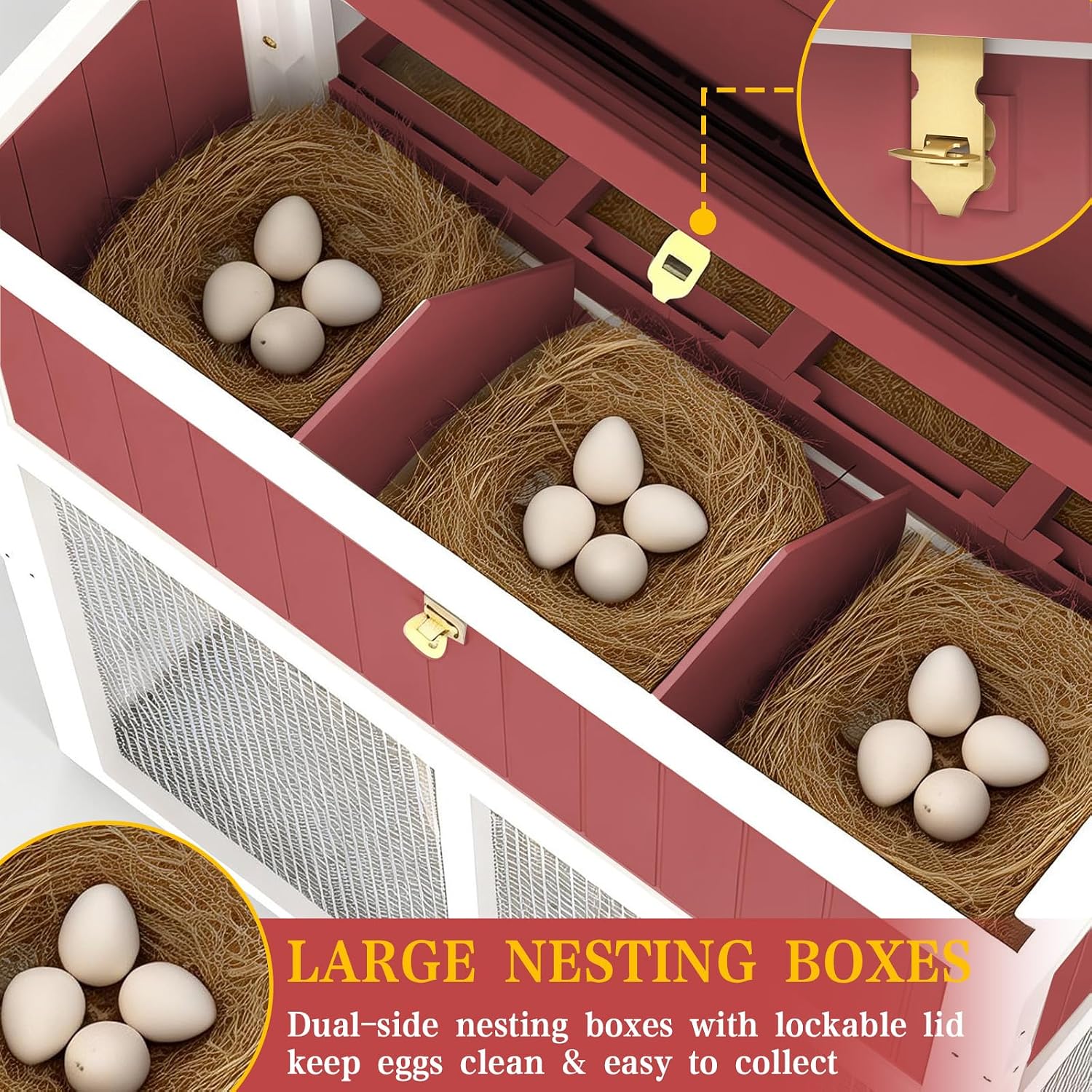 Large Chicken Coop with Run, Outdoor Hen House with 4 Sectionable Nesting Boxes, Poultry Duck House for 4-10 Chickens with 5 Perches, Leakproof Pull-on Tray and Ramp, Red - Image 3