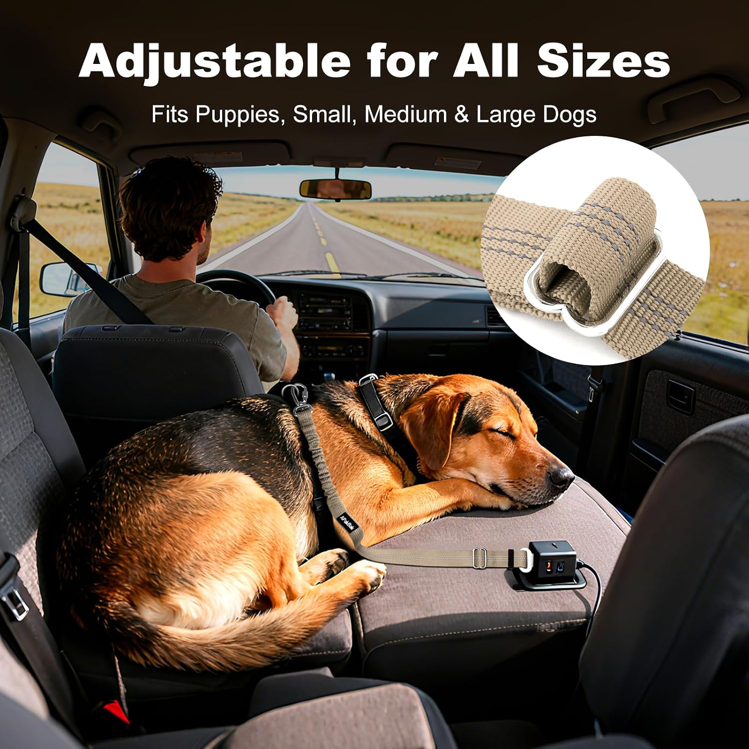 Dog Seat Belt for Car, Adjustable Dog Car Harness Seatbelt for Small Medium Large Dogs, Heavy Duty Travel Safety Restraint with Locking Aluminum Hook & Reflective Nylon Strap, Beige - Image 4