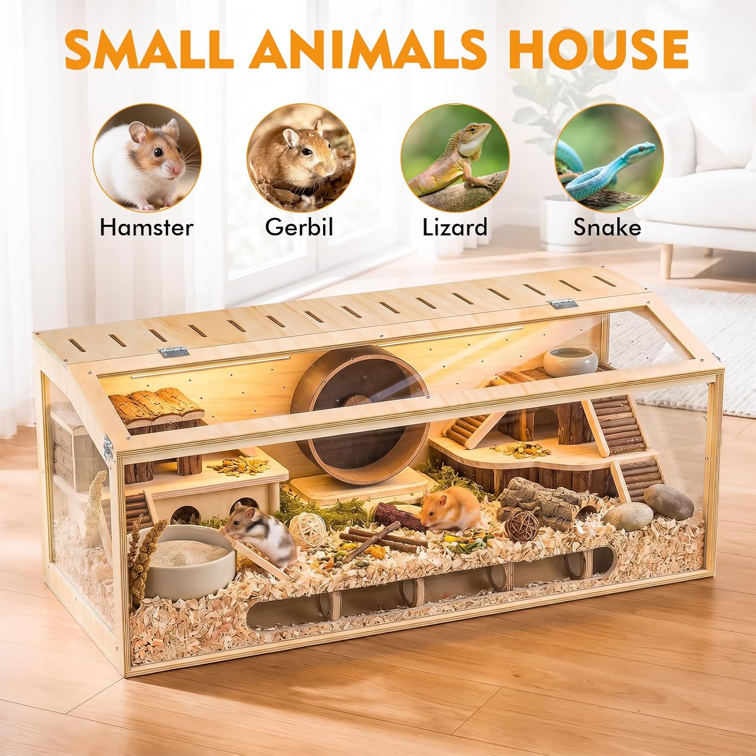 XiaZ Hamster Cage,48Inch Large Hamster Tank with Panoramic View and Ventilated Top, Spacious Acrylic Glass Habitat for Syrian Dwarf Hamsters and Degus, Natural Wood Frame Enclosure - Image 8